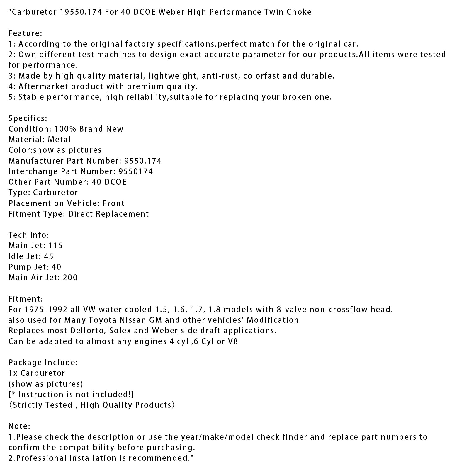 1975-1992 all VW water cooled 1.5, 1.6, 1.7, 1.8 models Carburetor 19550.174 40 DCOE Weber High Performance Twin Choke
