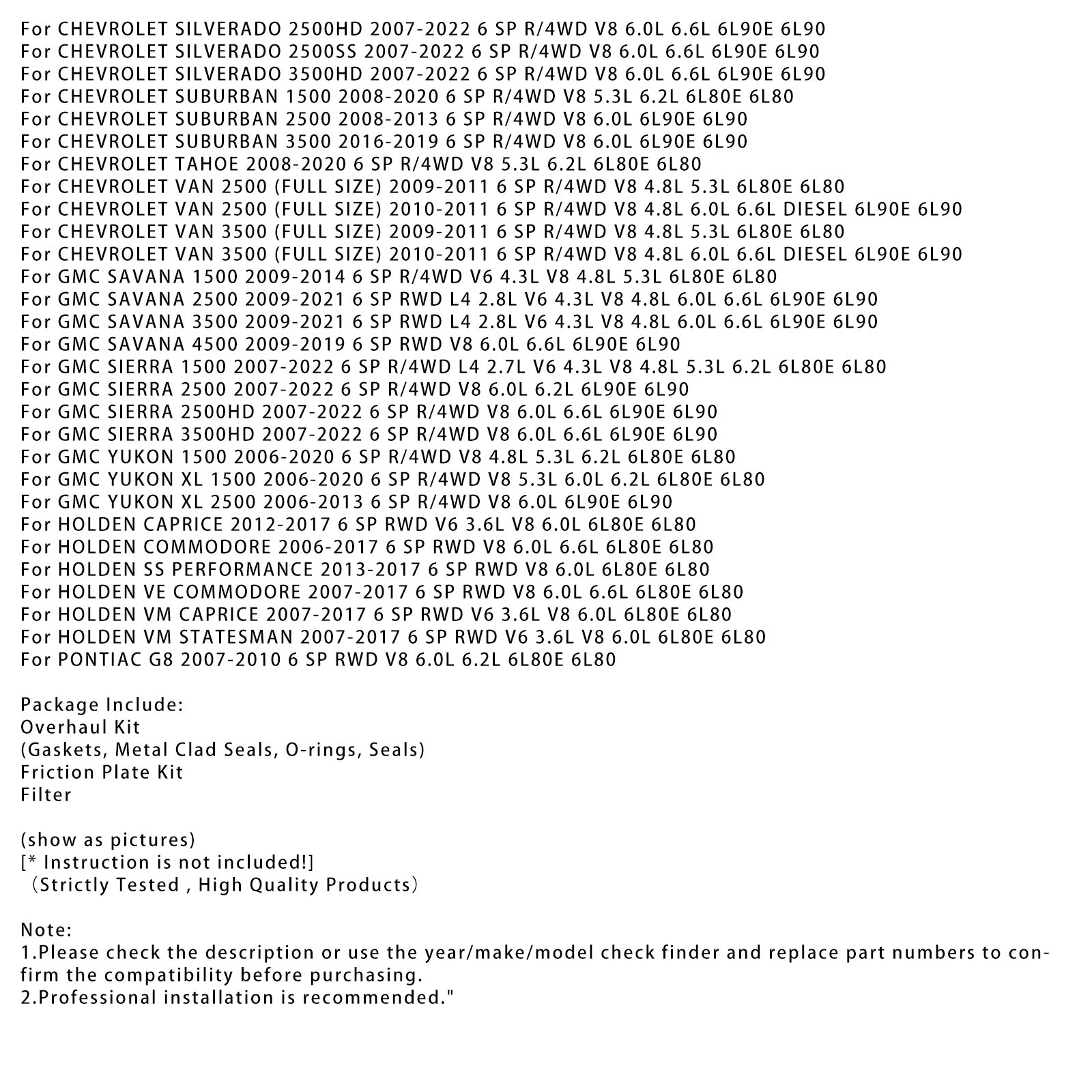 2008-2015 CADILLAC CTS-V 6 SP R/AWD V8 6.2L 6L90 6L90E 6L80 6L80E Kit de reconstrucción maestra de transmisión 195901XLS