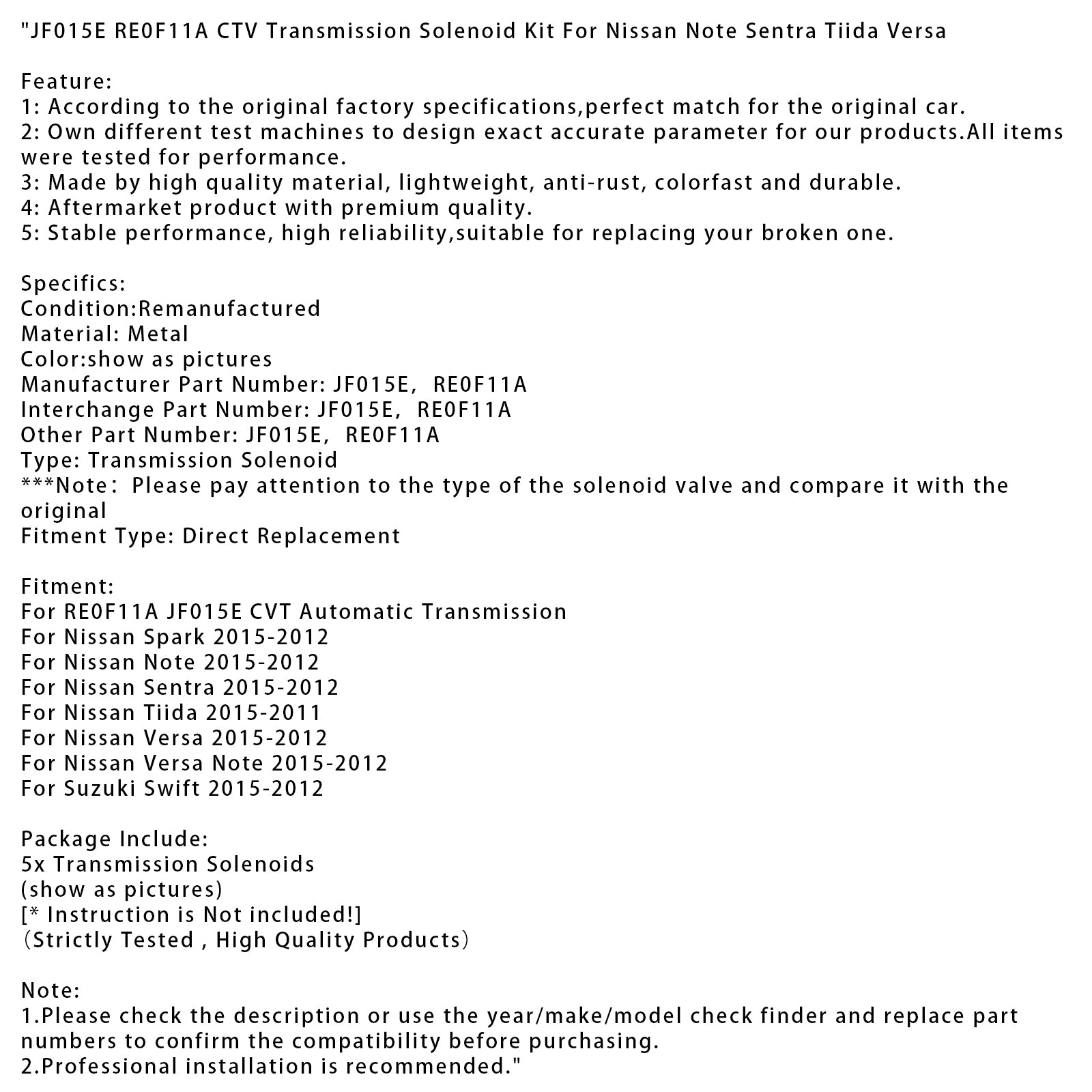 JF015E RE0F11A CTV Transmission Solenoid Kit For Nissan Note Sentra Tiida Versa