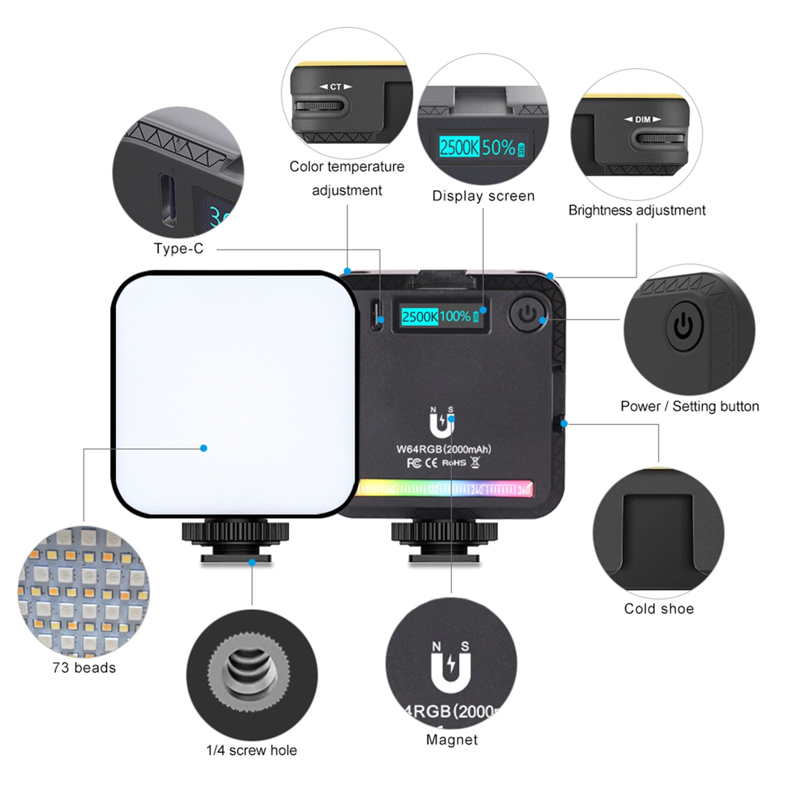 W64 RGB LED-videolicht, invullicht, videocamera, mobiele telefoon, live schoonheid, buiten