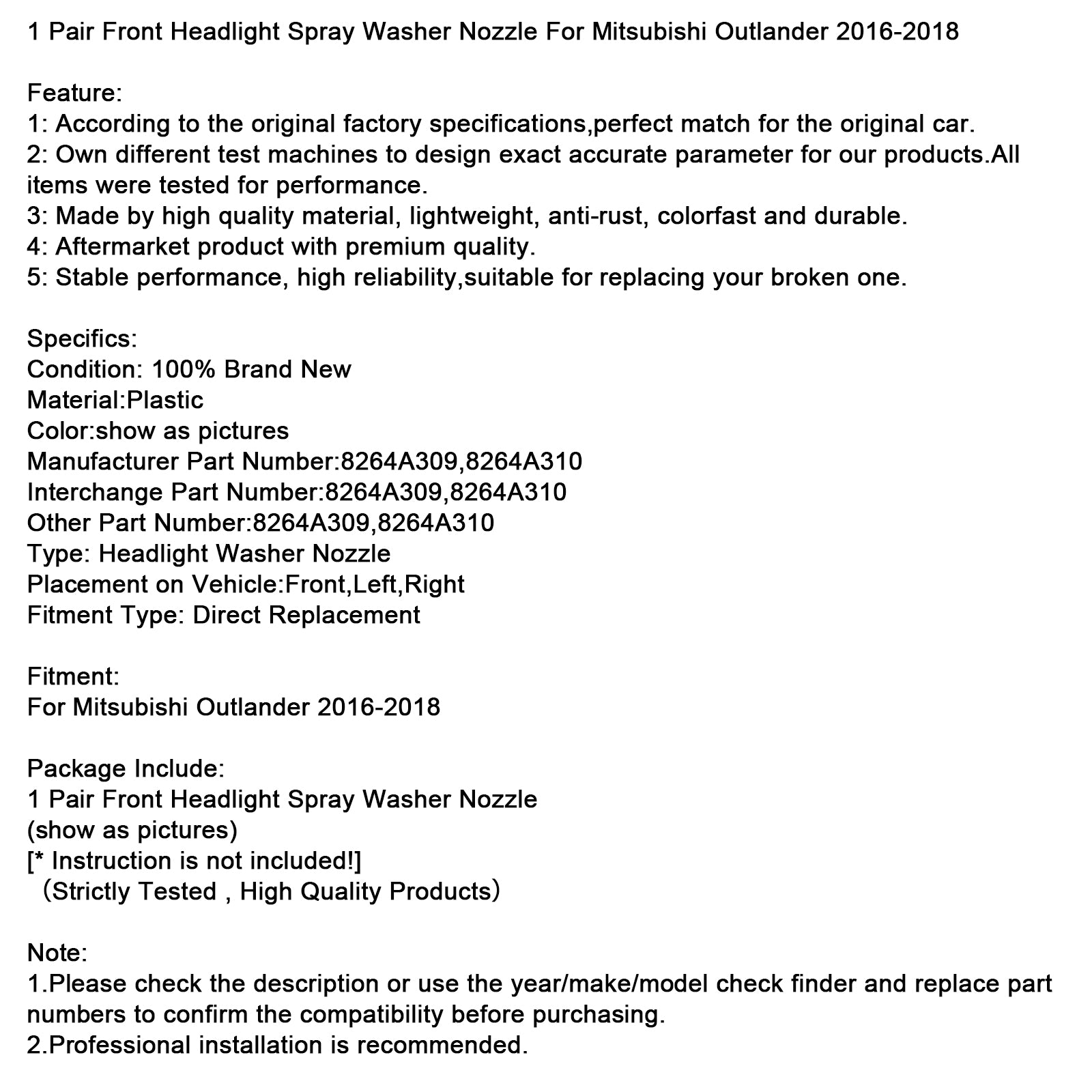 2016-2018 Mitsubishi Outlander 1 Pair Front Headlight Spray Washer Nozzle