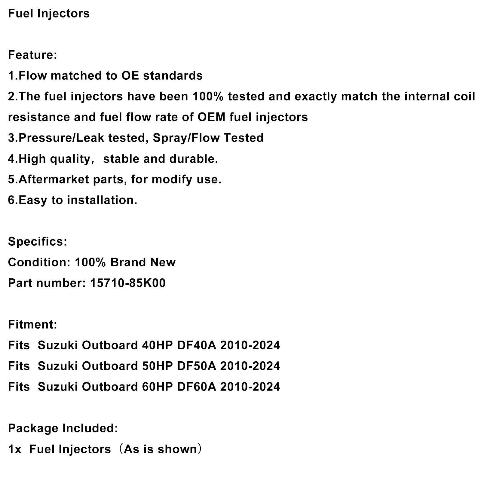 2010-2024 Suzuki DF40A DF50A DF60A Fuel Injectors 15710-85K00
