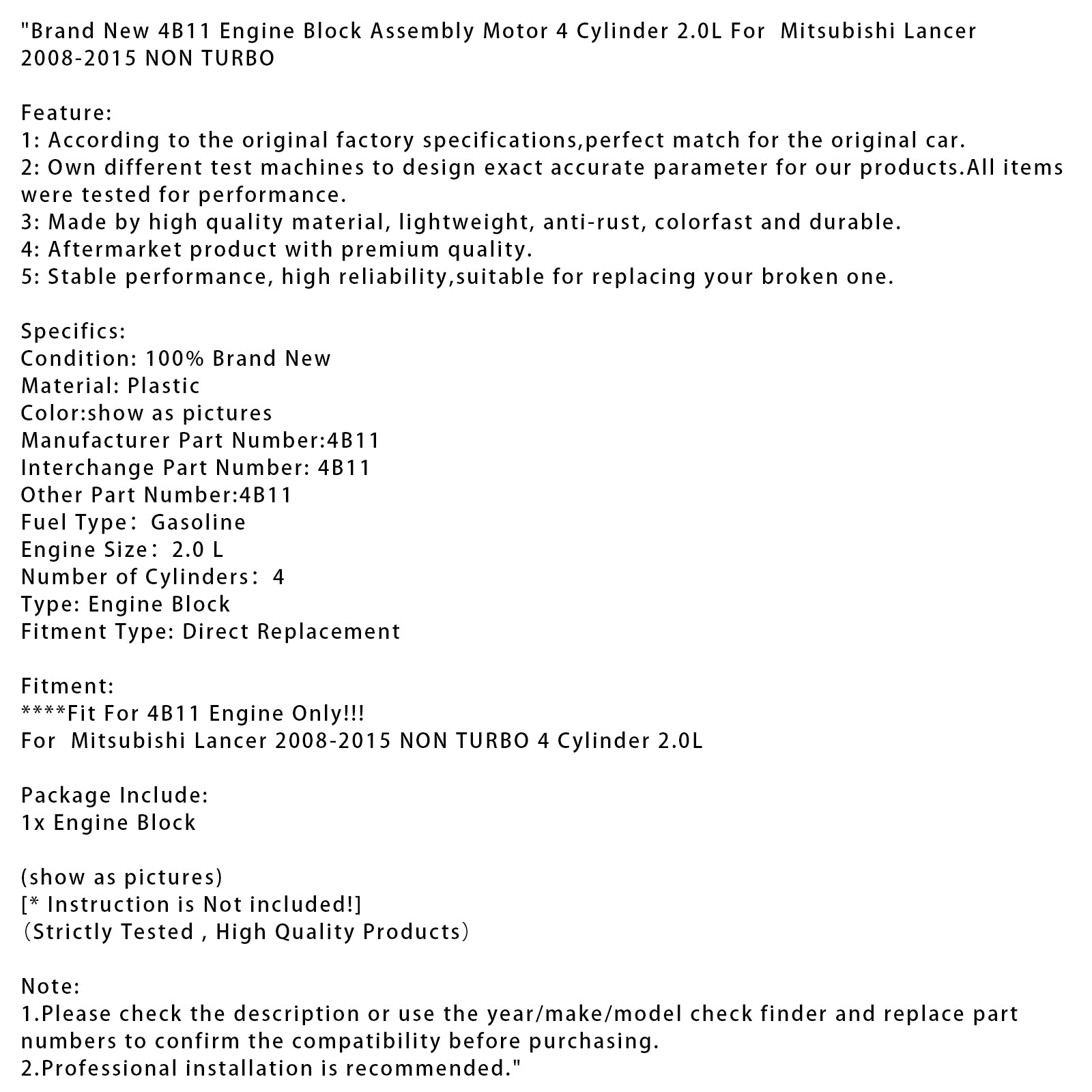 2008-2015 Mitsubishi Lancer Brand New 4B11 Engine Block Motor 4 Cylinder 2.0L