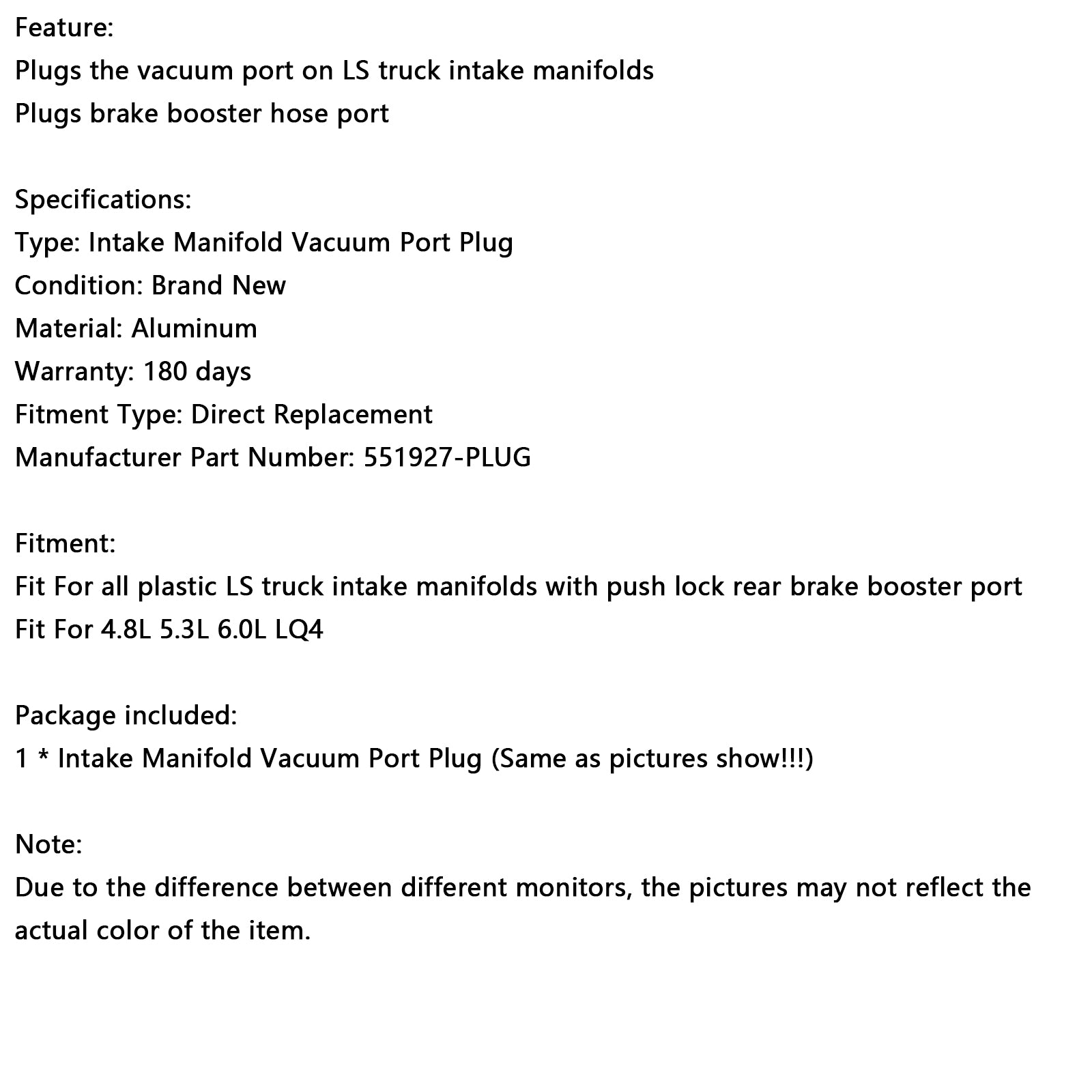 LS Truck Adked Mifold Brake Braker Booster Vacuum Port 4,8L 5.3L 6.0L LQ4 551927-PLUG