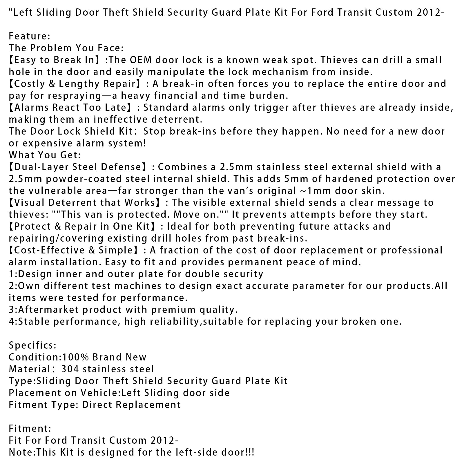 2012+ Ford Transit Custom Sliding Door Theft Shield Security Guard Plate Kit For