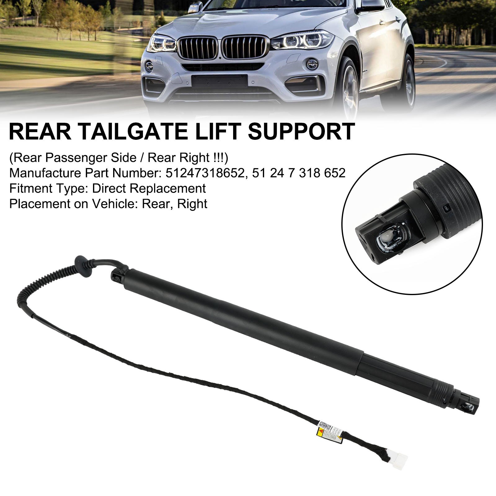 Support de levage électrique pour hayon arrière droit, 51247318652, pour BMW X6 F16 F86 2014 – 2019