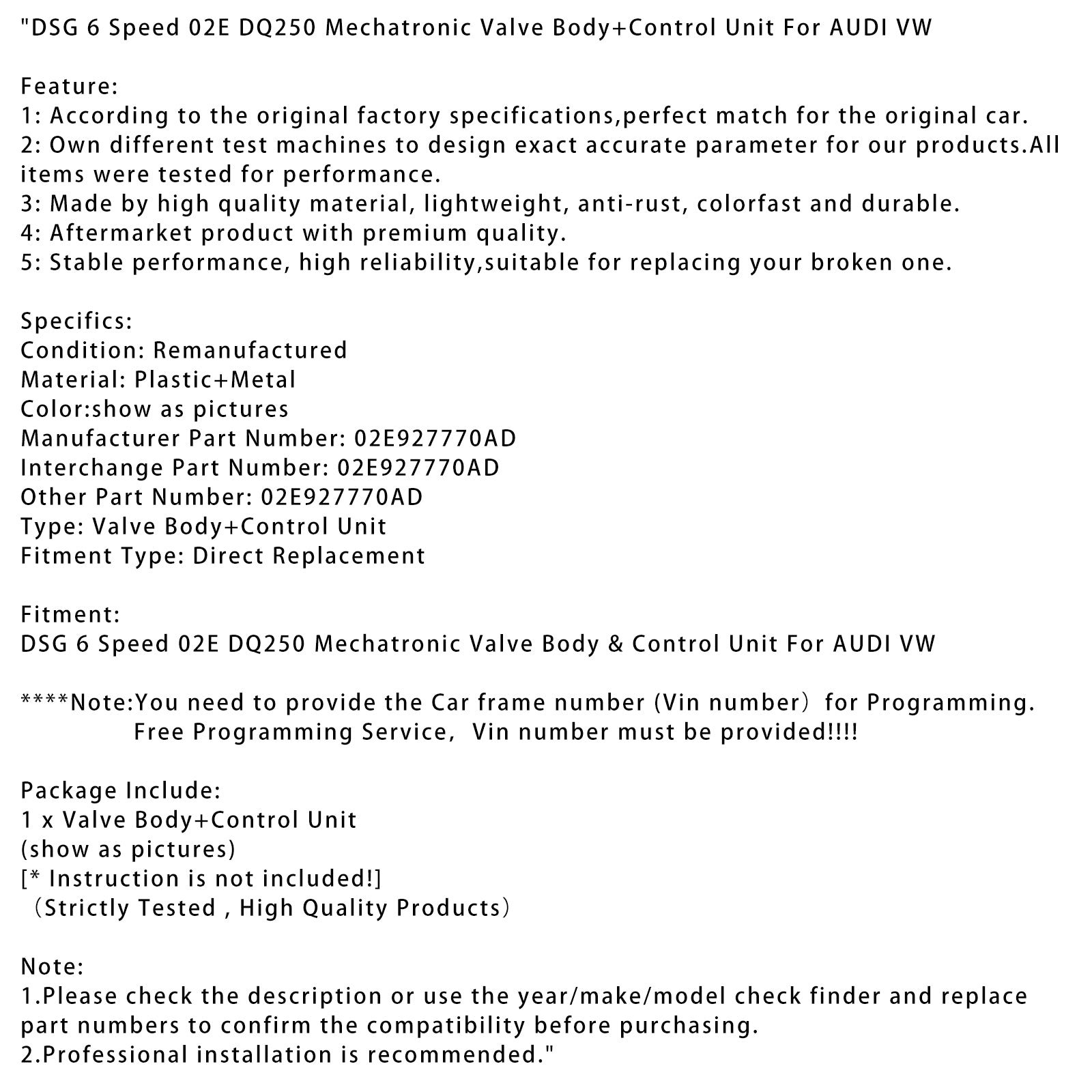 Audi VW DSG 6 Velocidade 02E DQ250 MECATRONIC VULD CORPO+UNIDADE DE CONTROLE