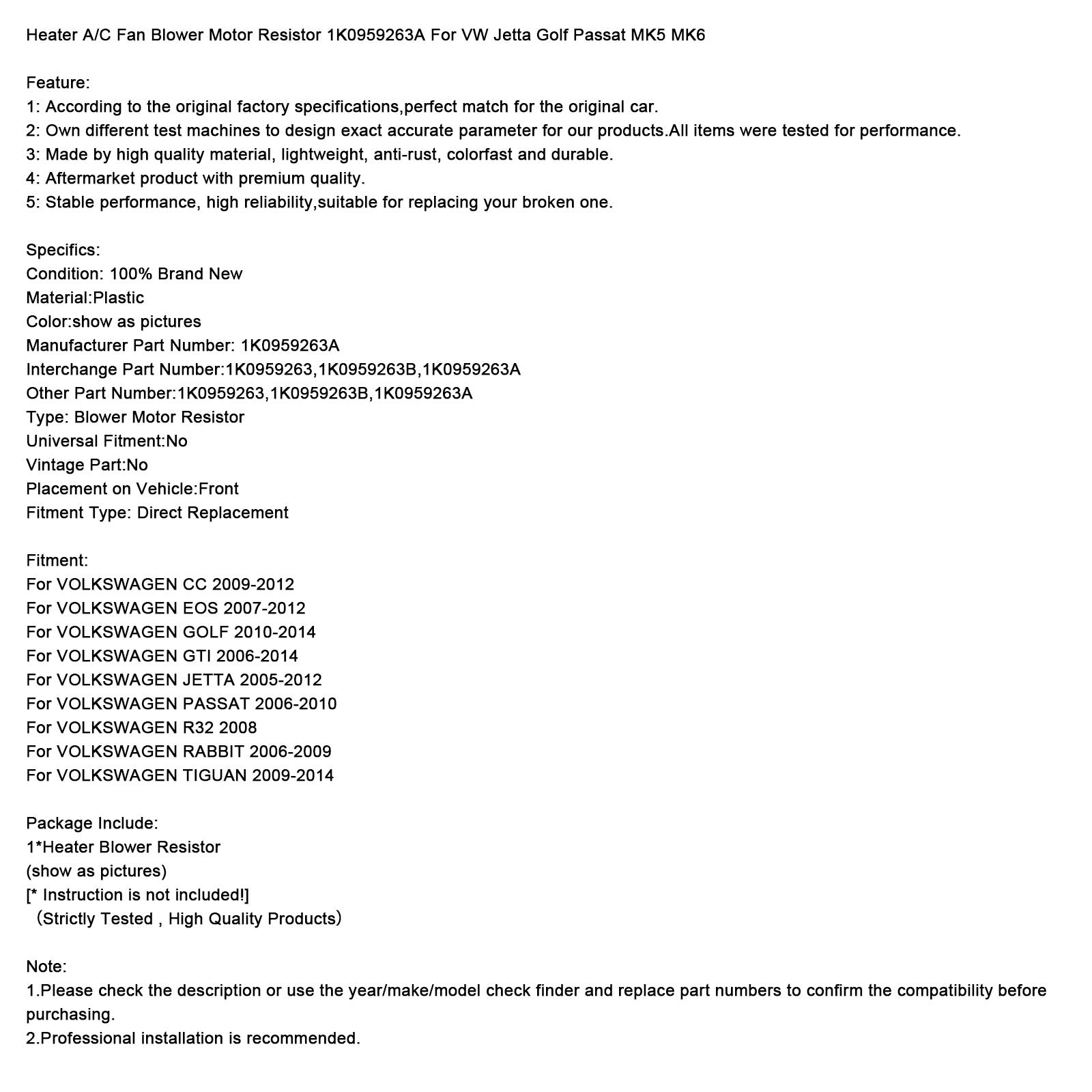 Värmare A/C Fläkt Fläkt Motor Resistor 1K0959263A För VW Jetta Golf Passat MK5