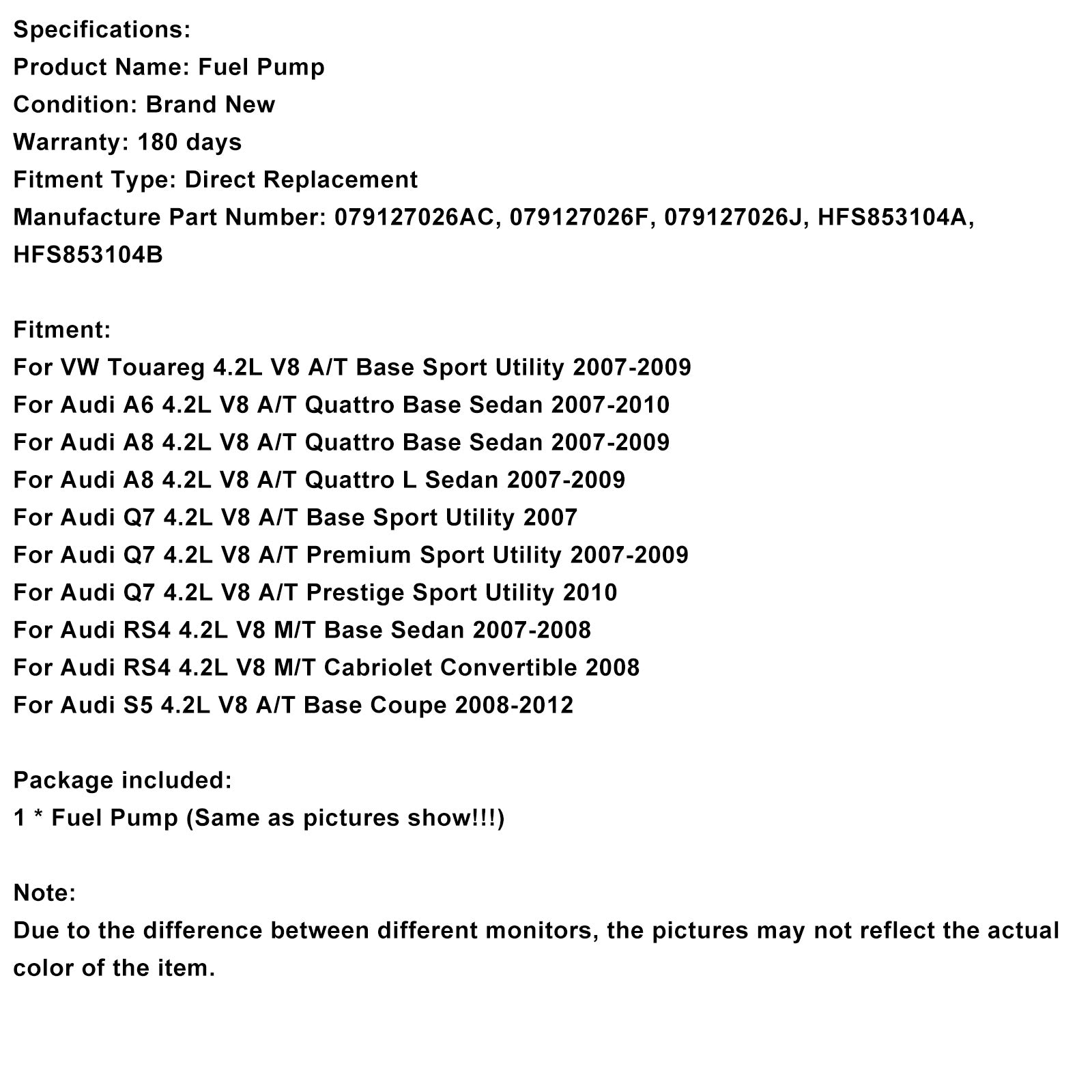 Right High Pressure Fuel Pump 079127026AC Fit Audi A6 Quattro 2007-2008 VW 4.2