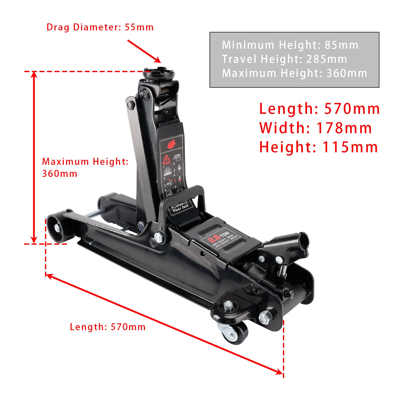 Low Profile Floor Jack 2.5 Ton (5500 lbs) 3.35"-14.17" Height Lifting Range