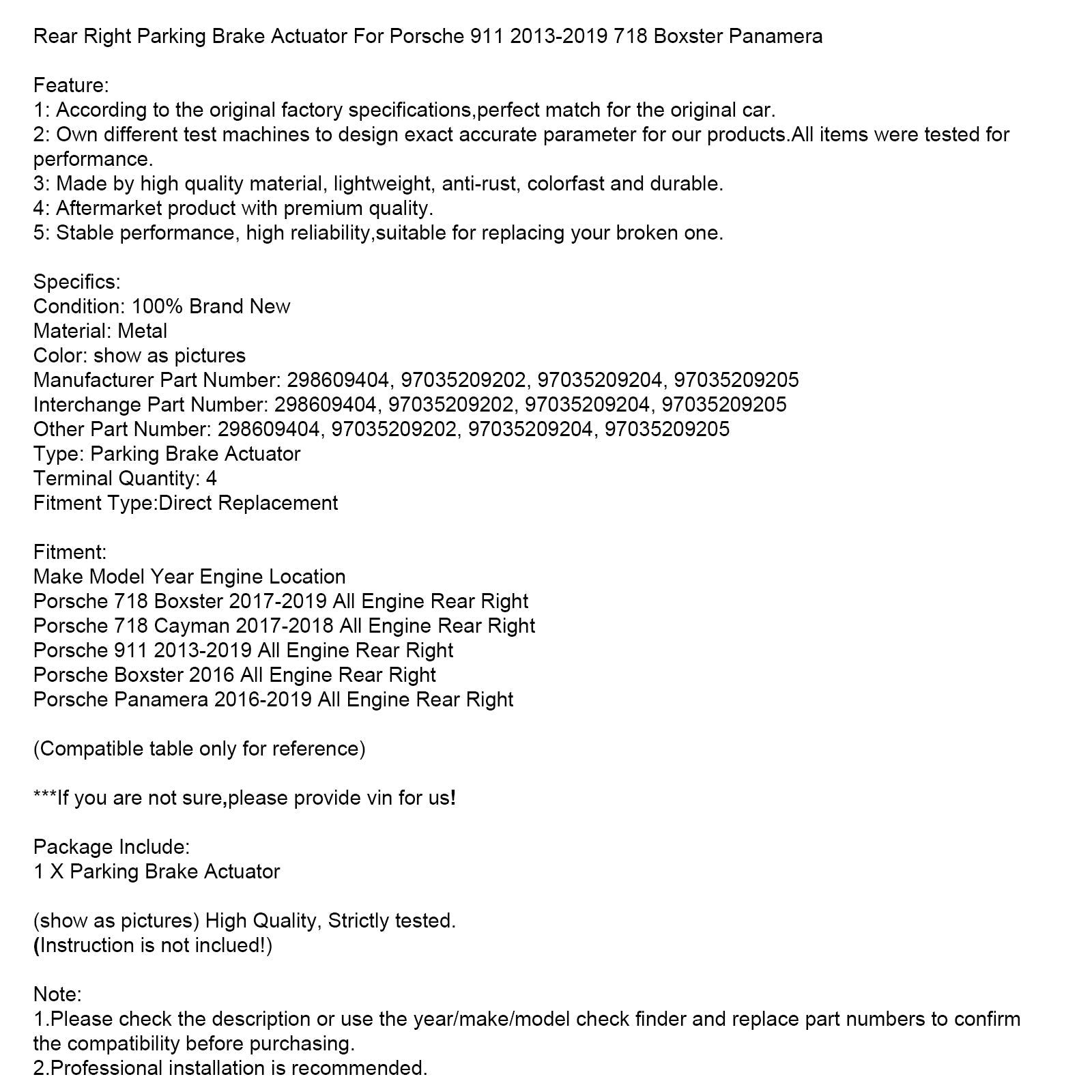 2017-2019 Porsche 718 Boxster traseiro direito do freio de estacionamento direito 298609404 97035209202