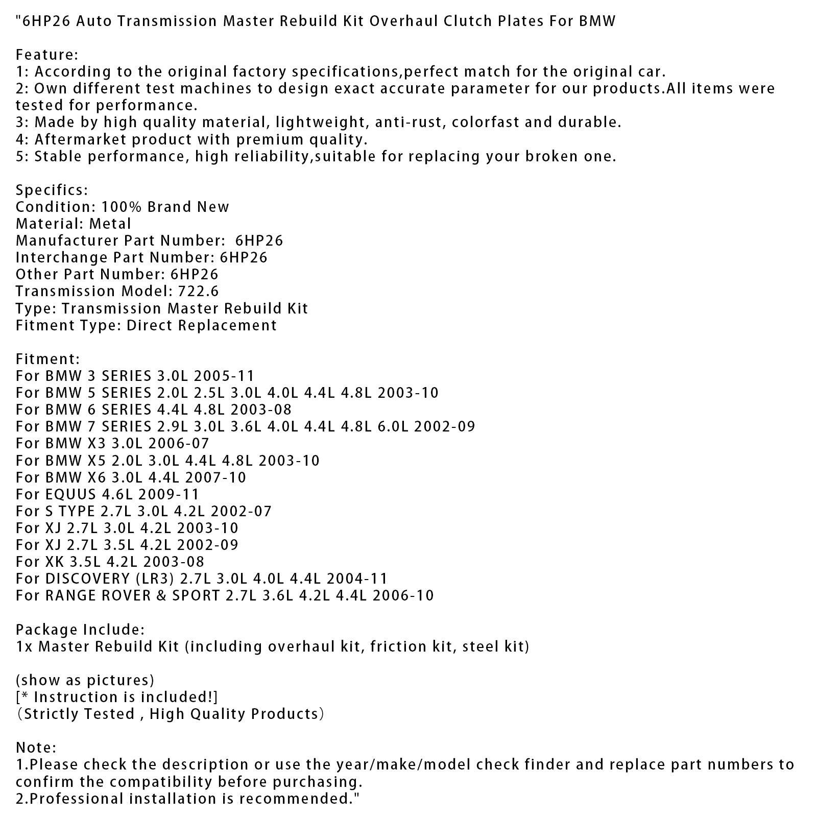 6HP26 Auto Transmission Master Rebuild Kit Overhaul Clutch Plates For BMW