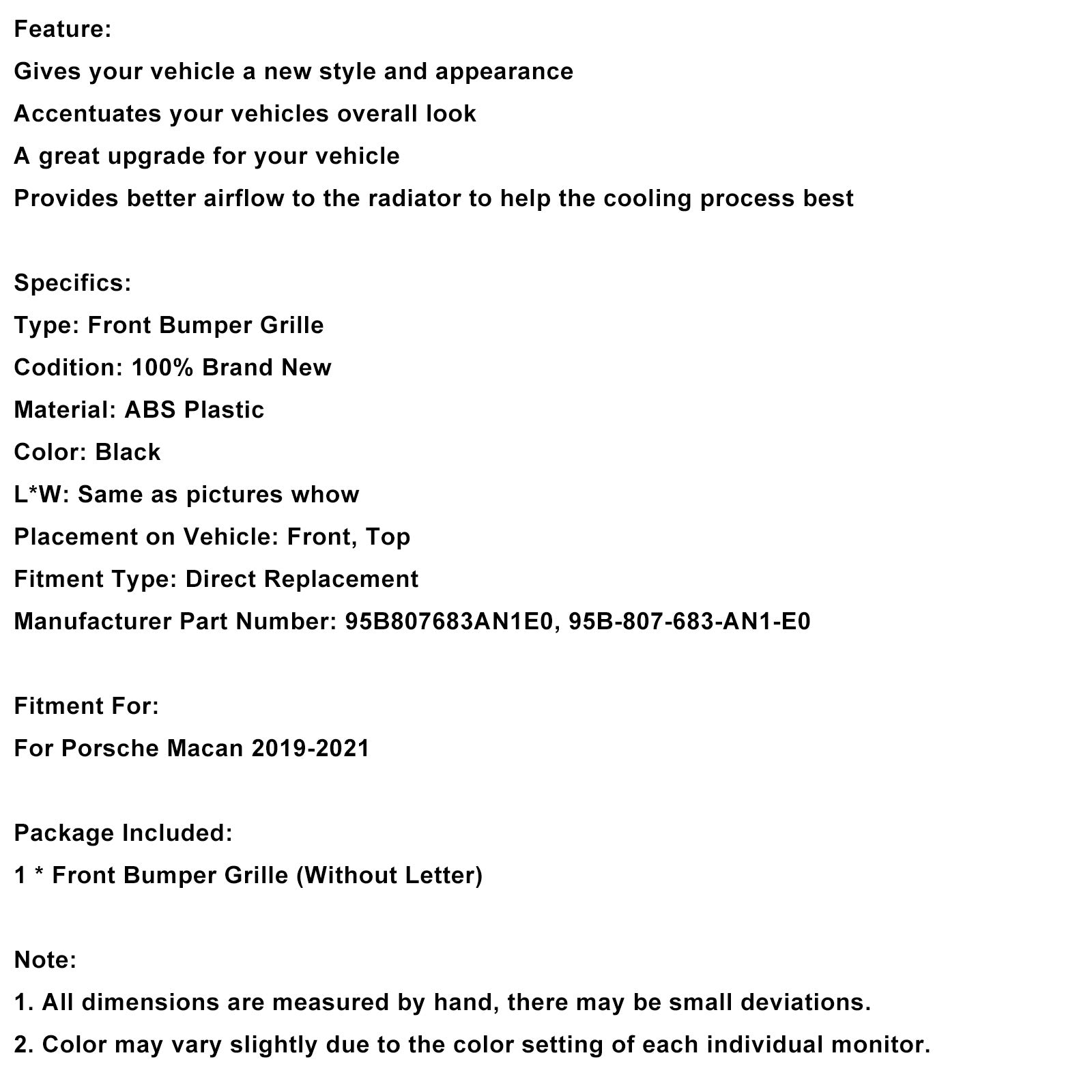 2019-2021 Porsche Macan Zwart voorbumpergrillrooster 95B807683AN1E0