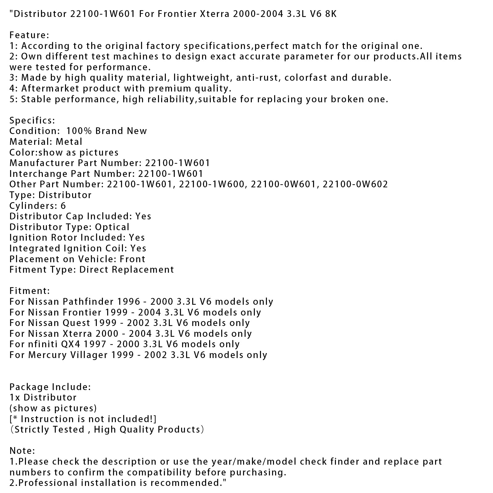 Alleen Nissan Frontier 3.3L V6-modellen uit 1999-2004, distributeur 22100-1W601 22100-1W600