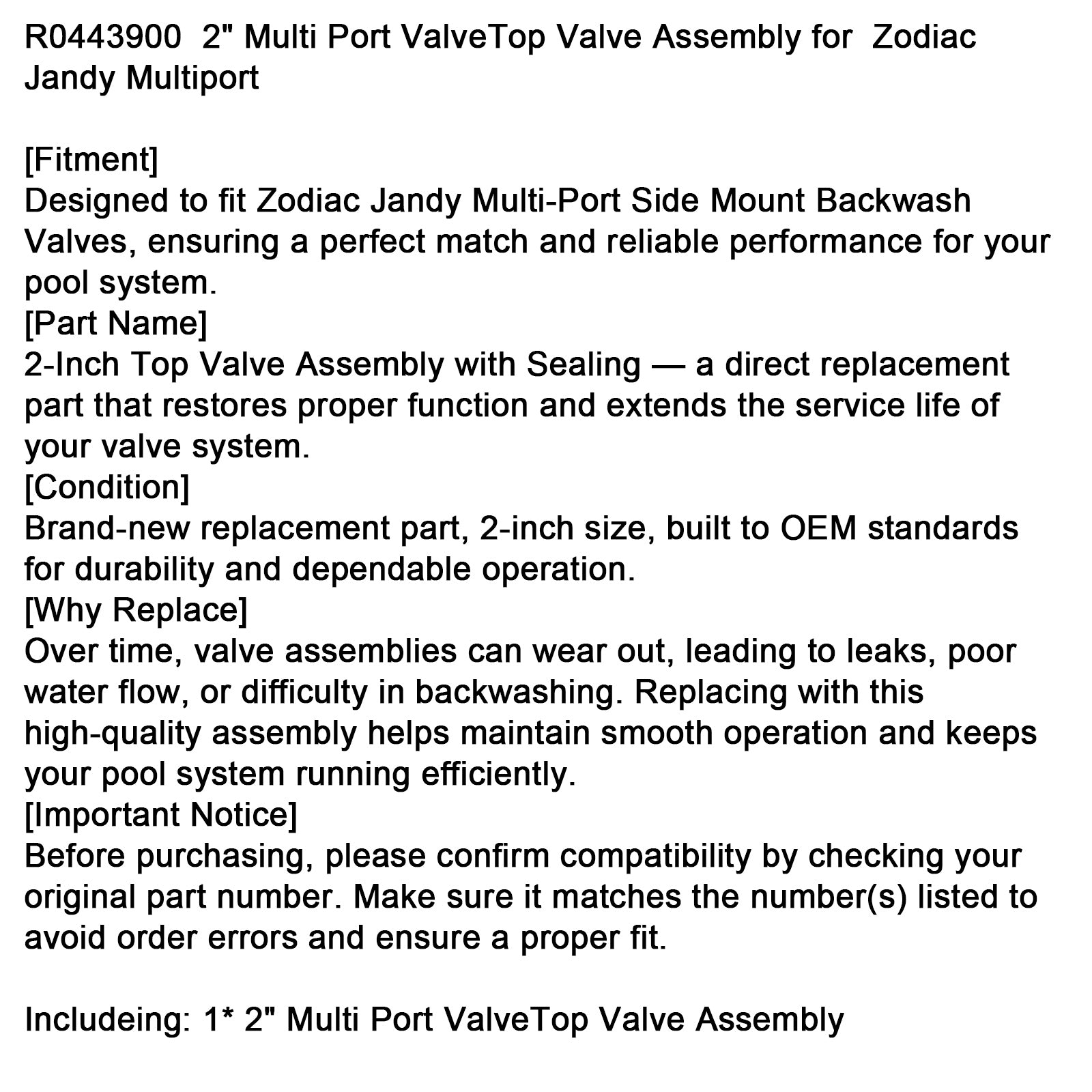 R0443900 2" Ensemble de vannes supérieures pour le remplacement de la vanne multiport Zodiac Jandy