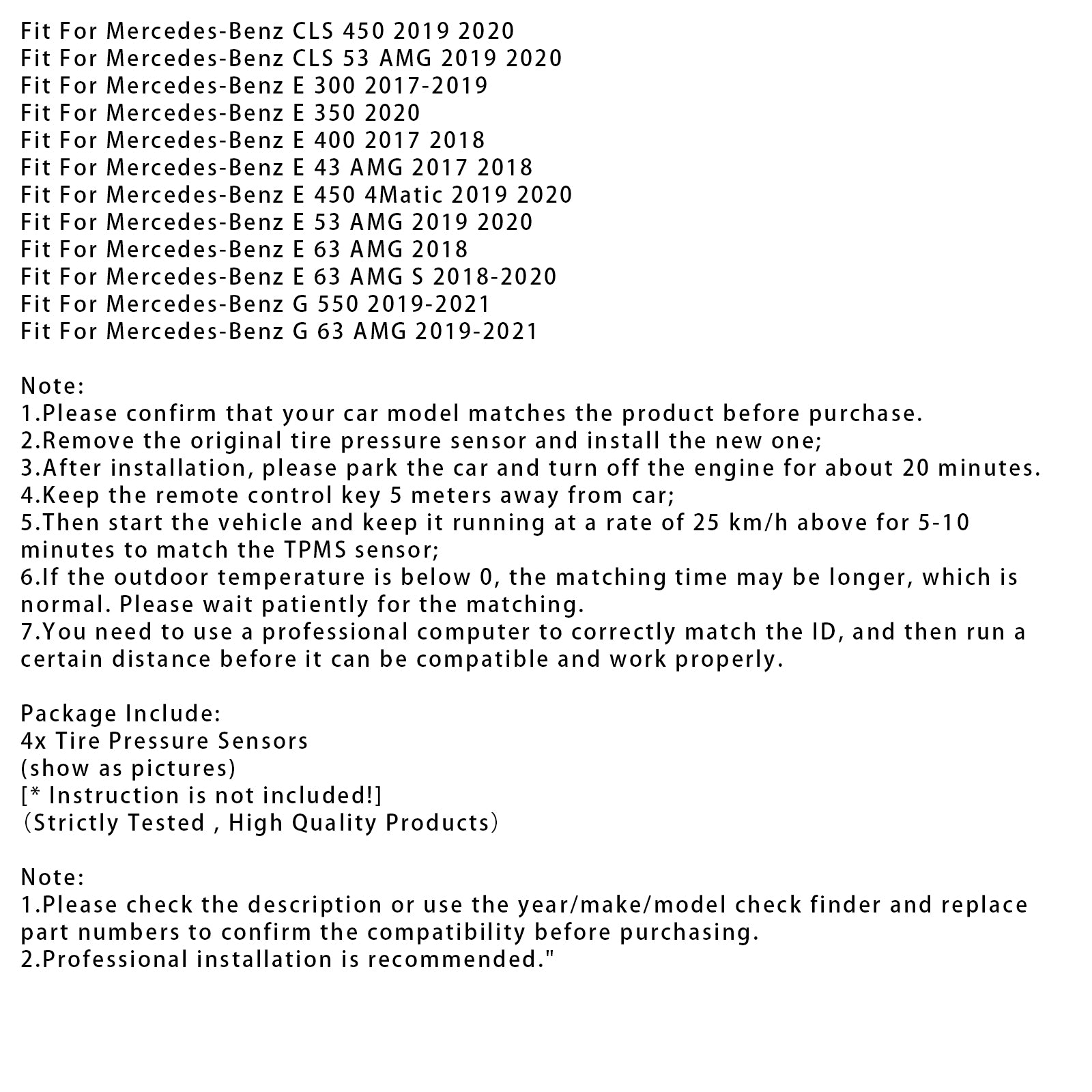 Capteur de pression des pneus TPMS 4X pour Mercedes-Benz Classe AE W213 A0009052102