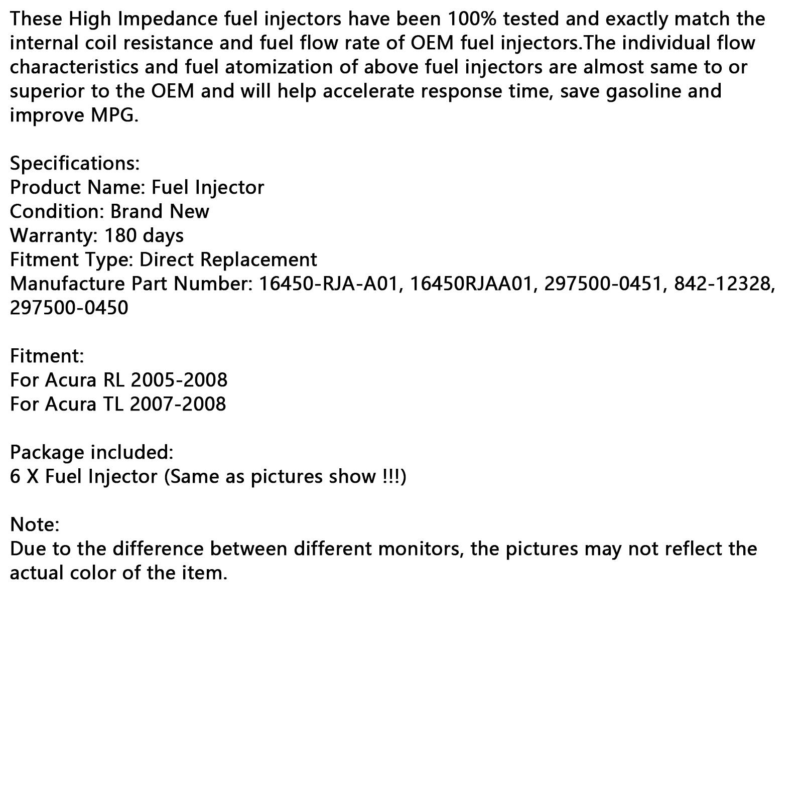6PCS Fuel Injector 16450-RJA-A01 Fit Acura RL TL 3.5L V6 2005-2008