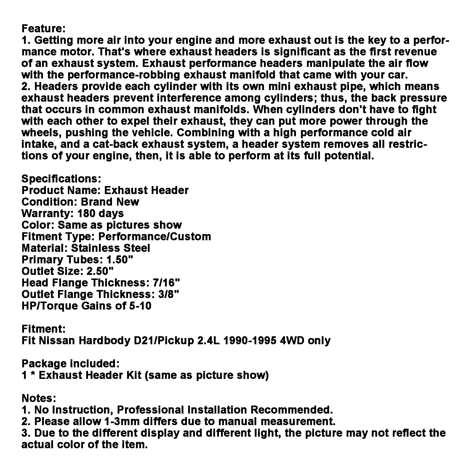 Collecteur en tête d'acier s'échappement Fit Nissan D21 Pickup 2.4L 1990-1995 Tri-y