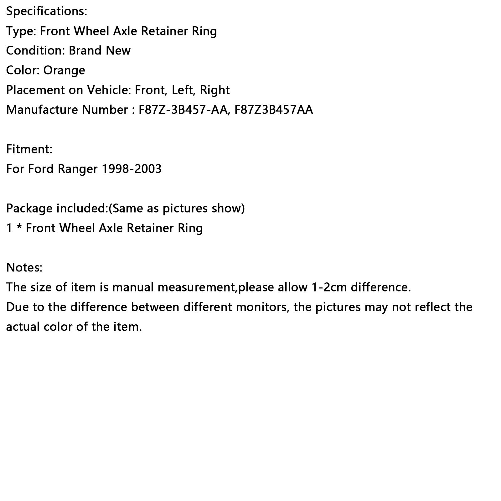 1998-2003 Ford Ranger 1pcs predné koleso Kruhový prsteň F87Z-3B457-AA F87Z3B457AA Generic