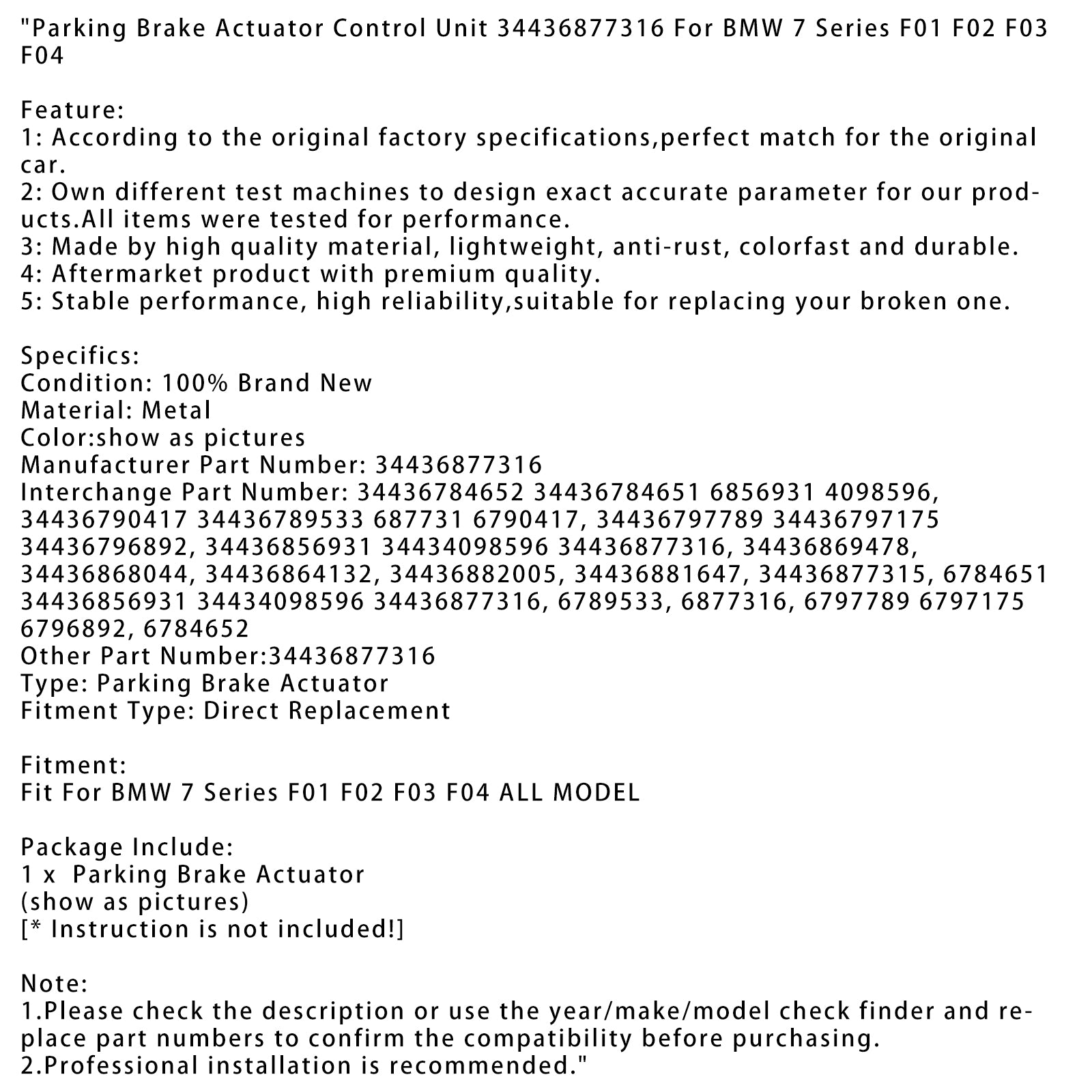 BMW 7 Series F01 F02 F03 F04 Parking Brake Actuator Control Unit 34436877316 344367 678465184652