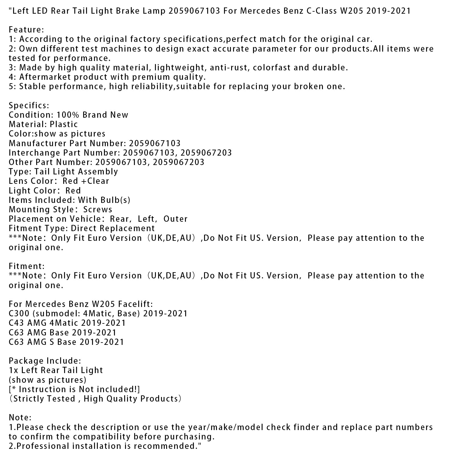 Left LED Rear Tail Light Brake Lamp For Mercedes Benz C-Class W205 2019-2021