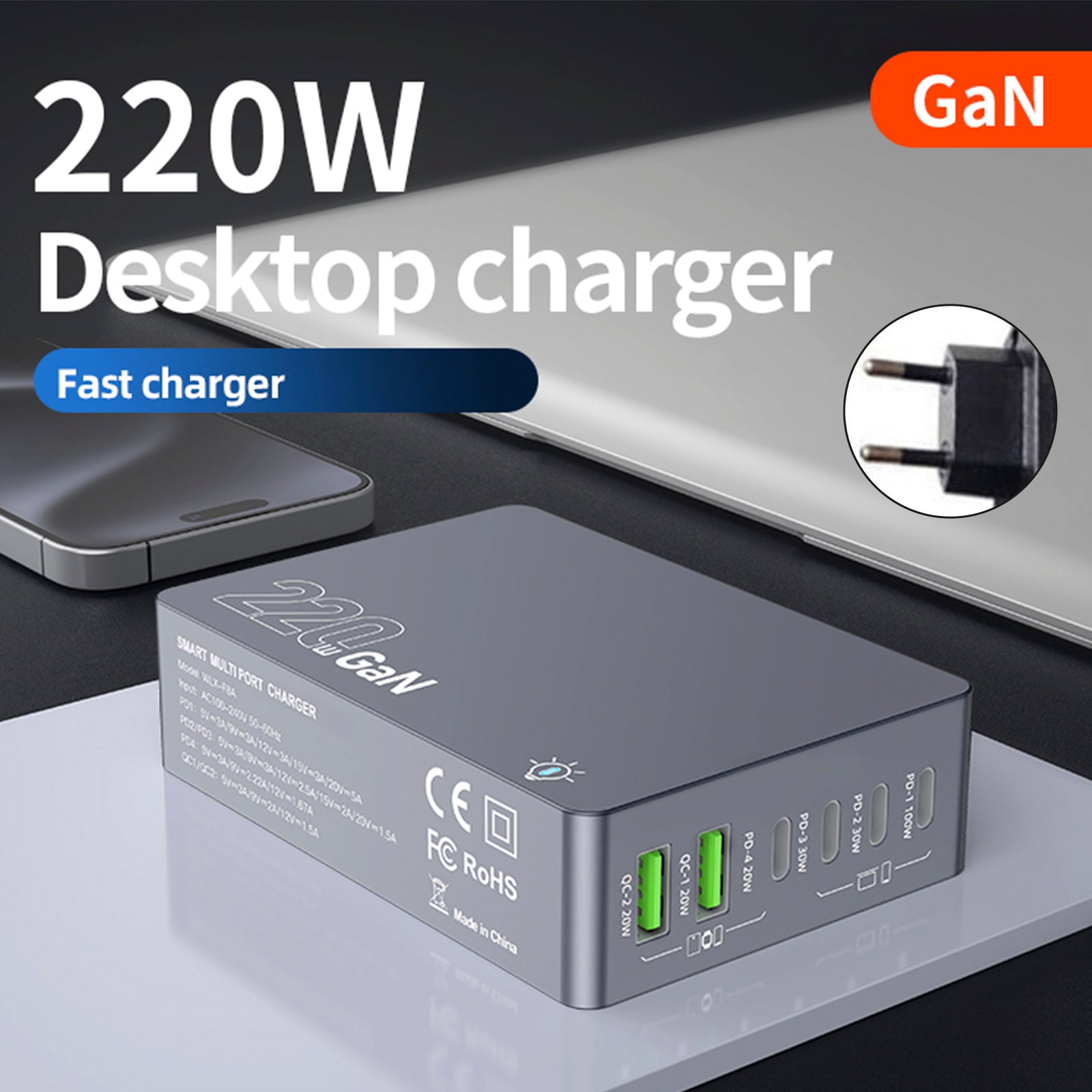 F8A Desktop Charging Station USB 6-Port Fast Charger PD100W ladestativ Smart lader EU-plugg