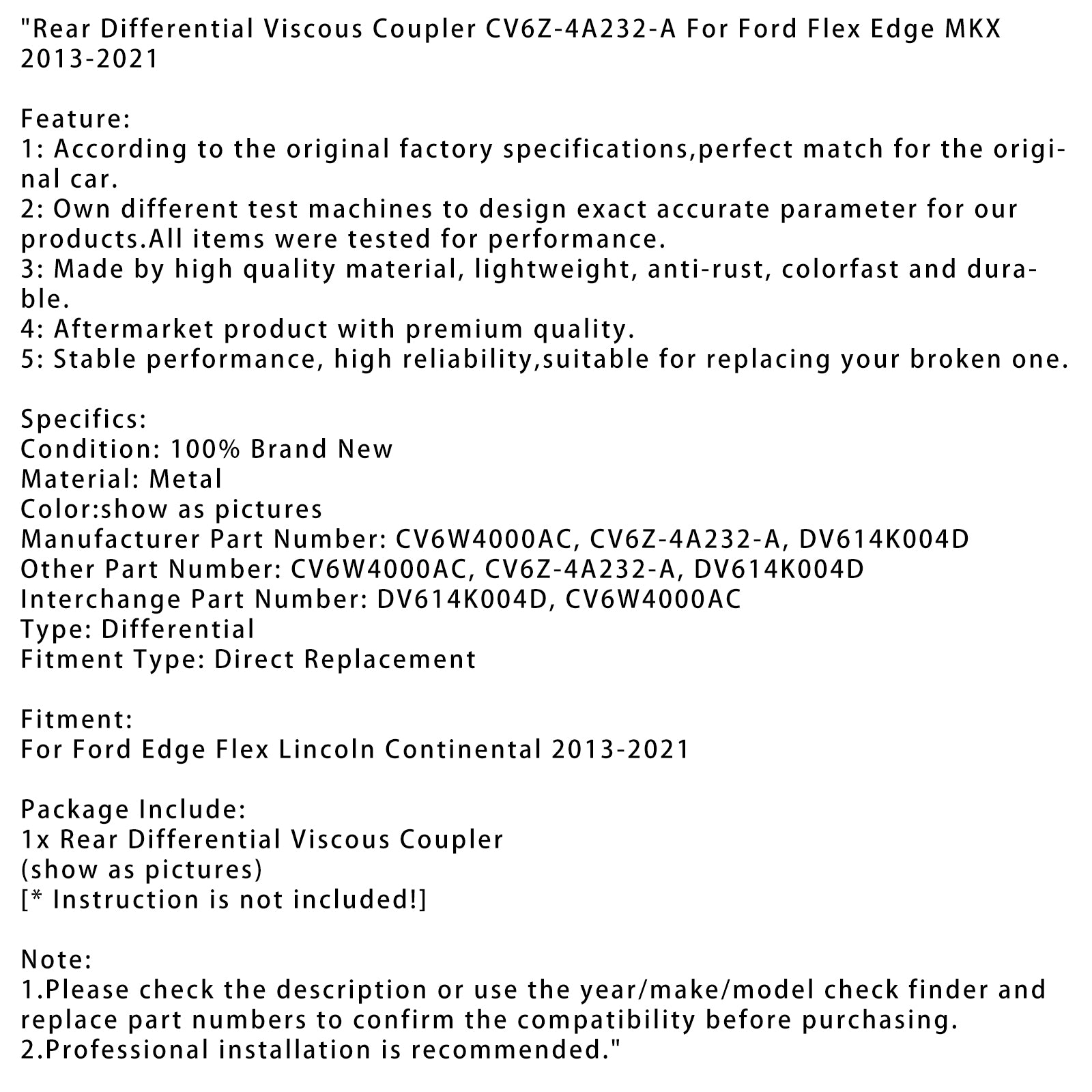 2013-2021 Ford Flex Edge Mkx Bakdifferensial Viskøs kobling CV6Z-4A232-A