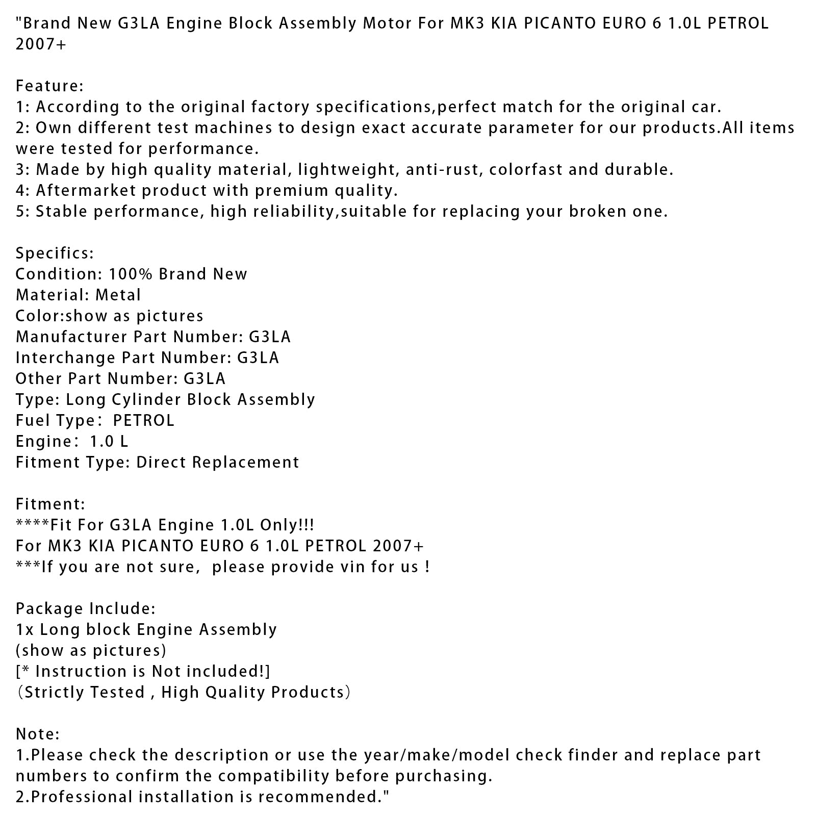 2007+ MK3 KIA PICANTO EURO 6 1.0L PETROL Brand New G3LA Engine Block Assembly