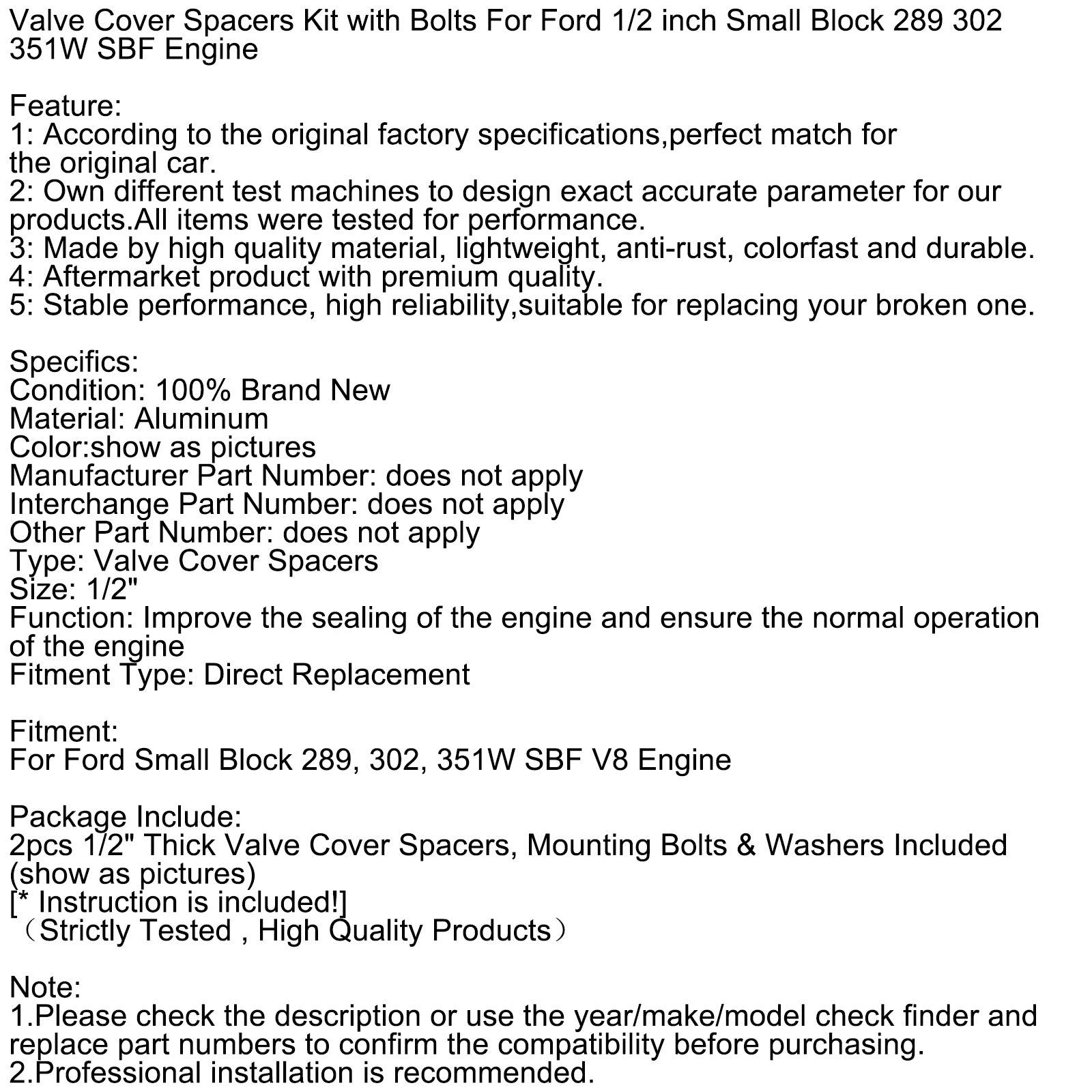 Valve Cover Spacers Kit with Bolts For Ford 1/2 inch Small Block 289 302 351W