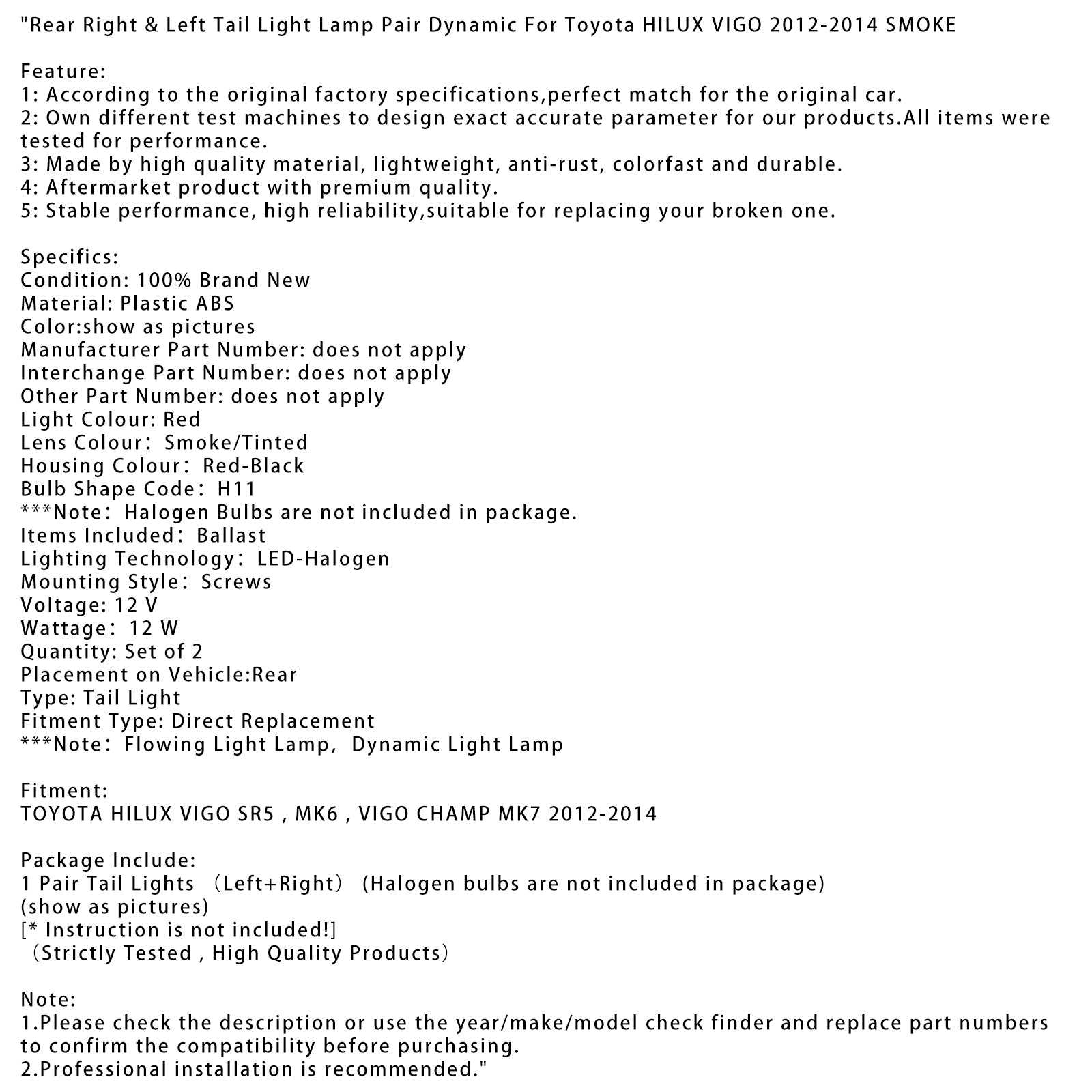 TOYOTA HILUX VIGO SR5, MK6, VIGO CHAMP MK7, 2012-2014, zadný pravý & Pár ľavých zadných svetiel dynamický