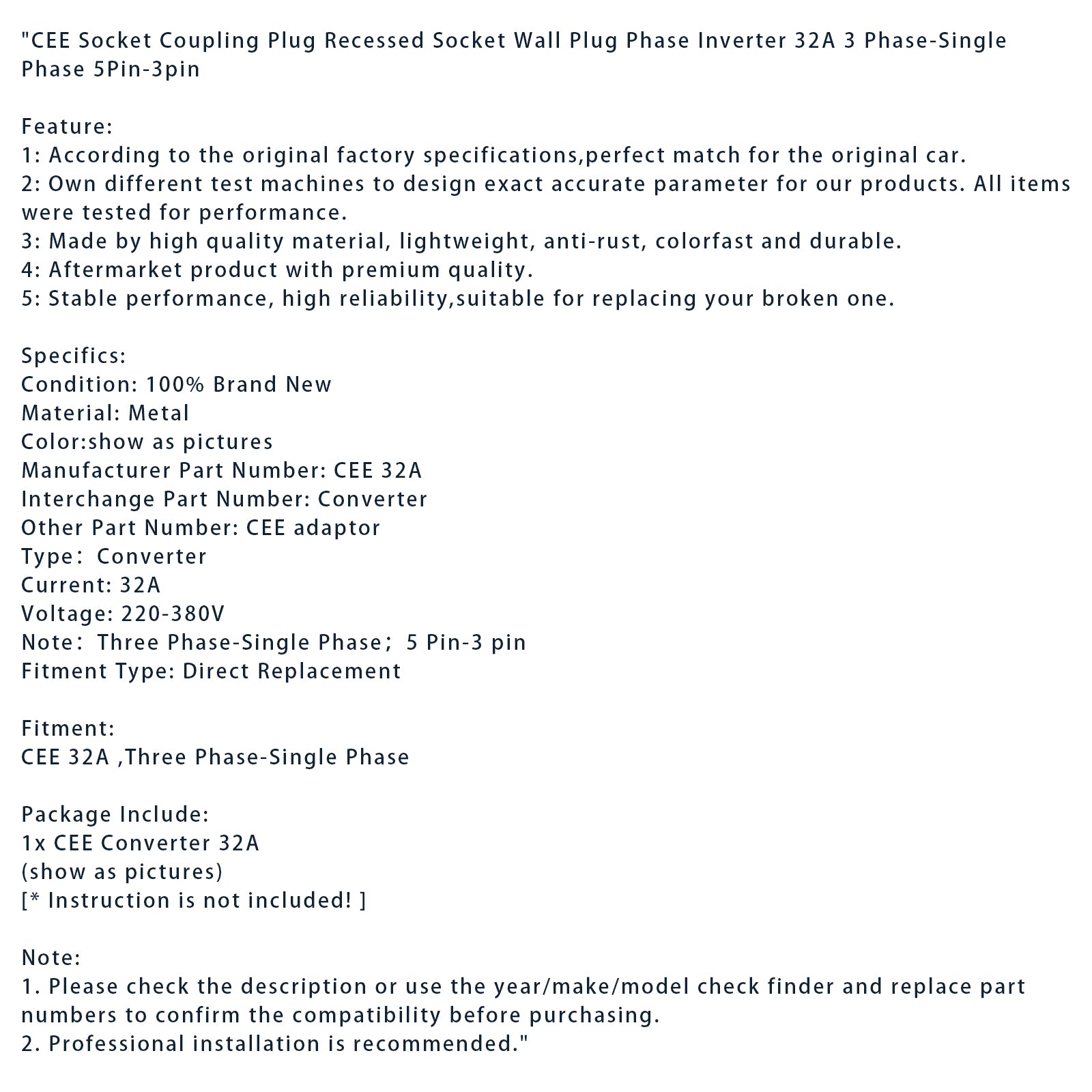 CEE stopcontactkoppelingsstekker verzonken stopcontact fase-omvormer 32A 3 fase naar enkelvoudig