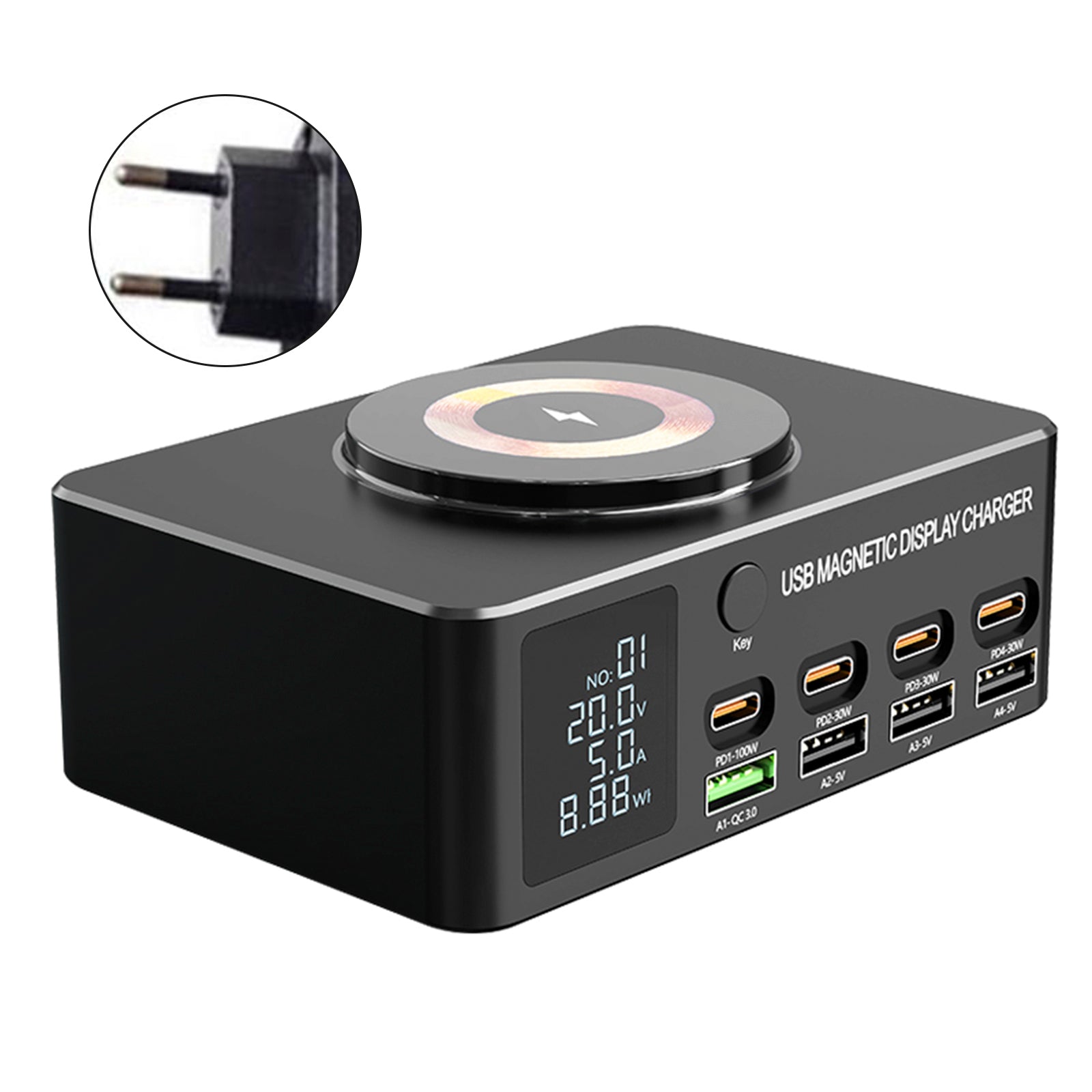 140W Fast ladelader Intelligent Digital Display PD100W Mobiltelefon Notatbok Magnetisk trådløs lading Multi-Port USB Charger EU Plug