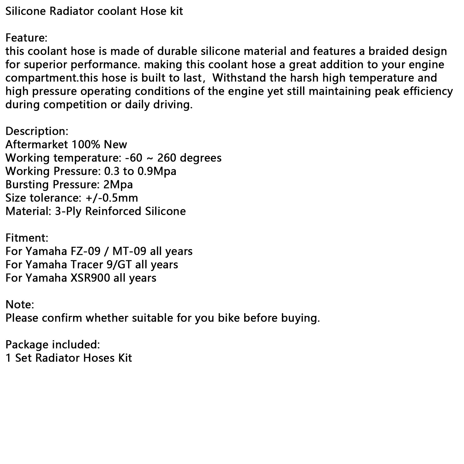 Yamaha MT-09 XSR900 TRACER 9/GT Todos os anos Silicone Radiator Coolant Mangueira