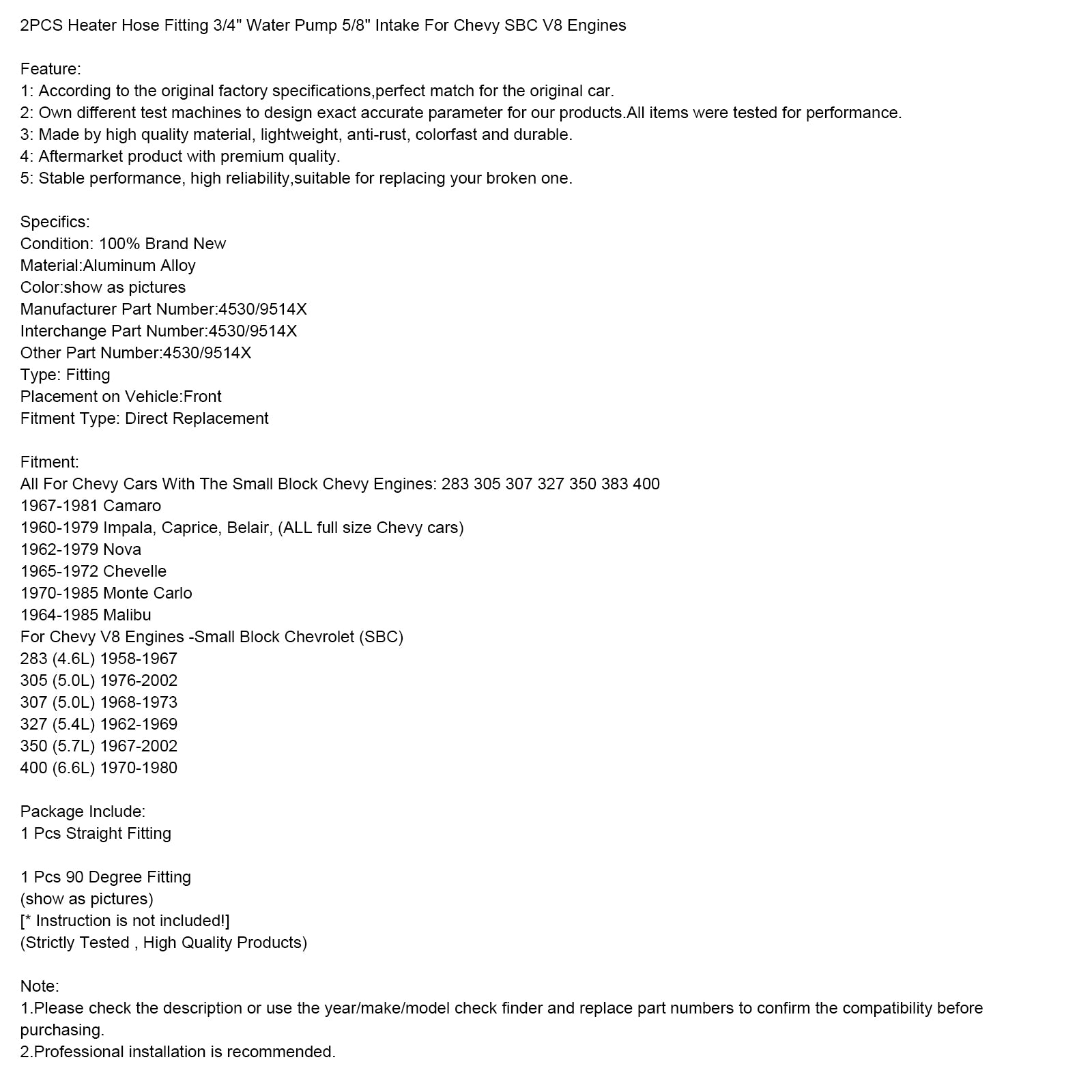 2PCS Heater Hose Fitting 3/4" Water Pump 5/8" Intake For Chevy SBC V8 Engines