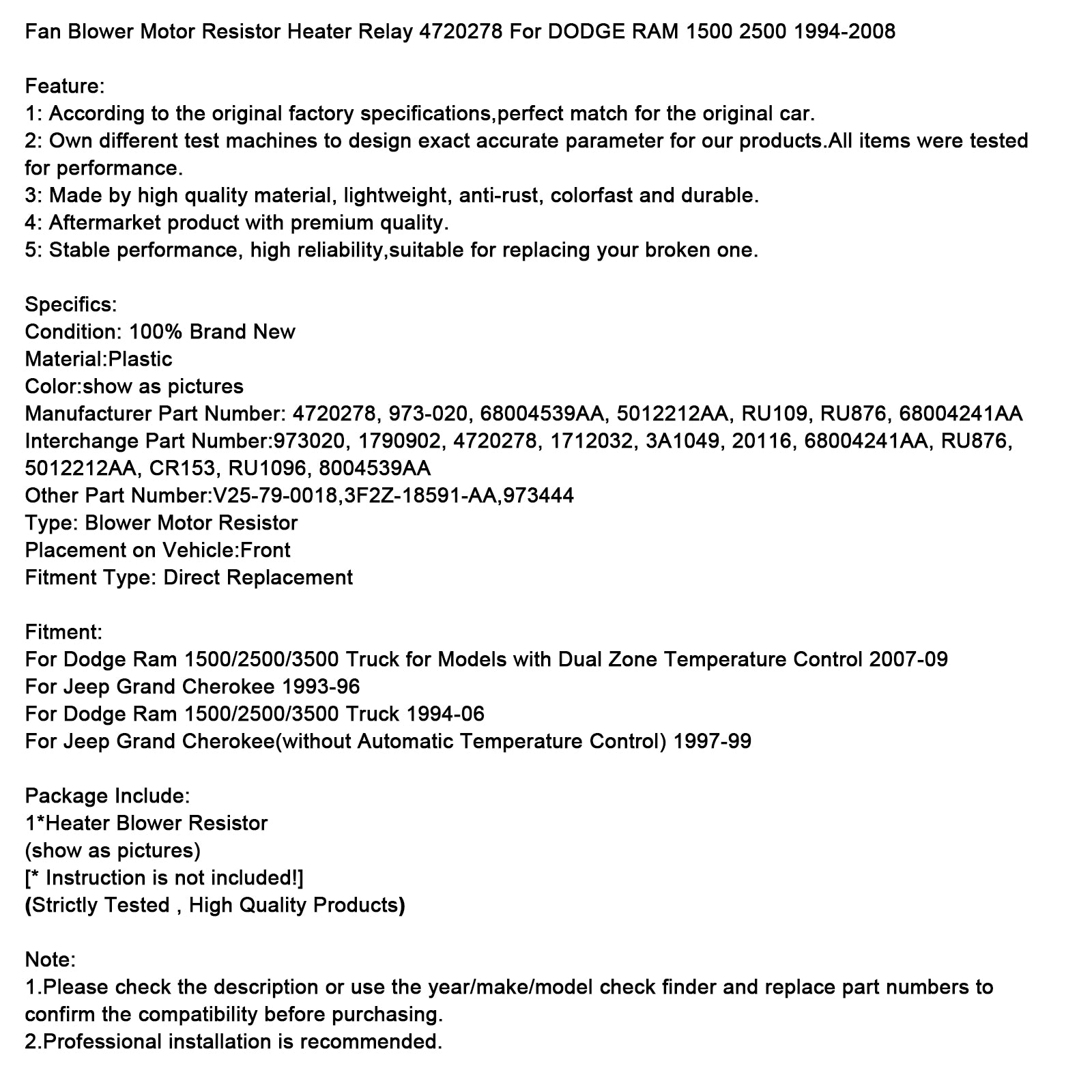 Fan Blower Motor Resistor Heater Relay 4720278 For DODGE RAM 1500 2500 1994-06