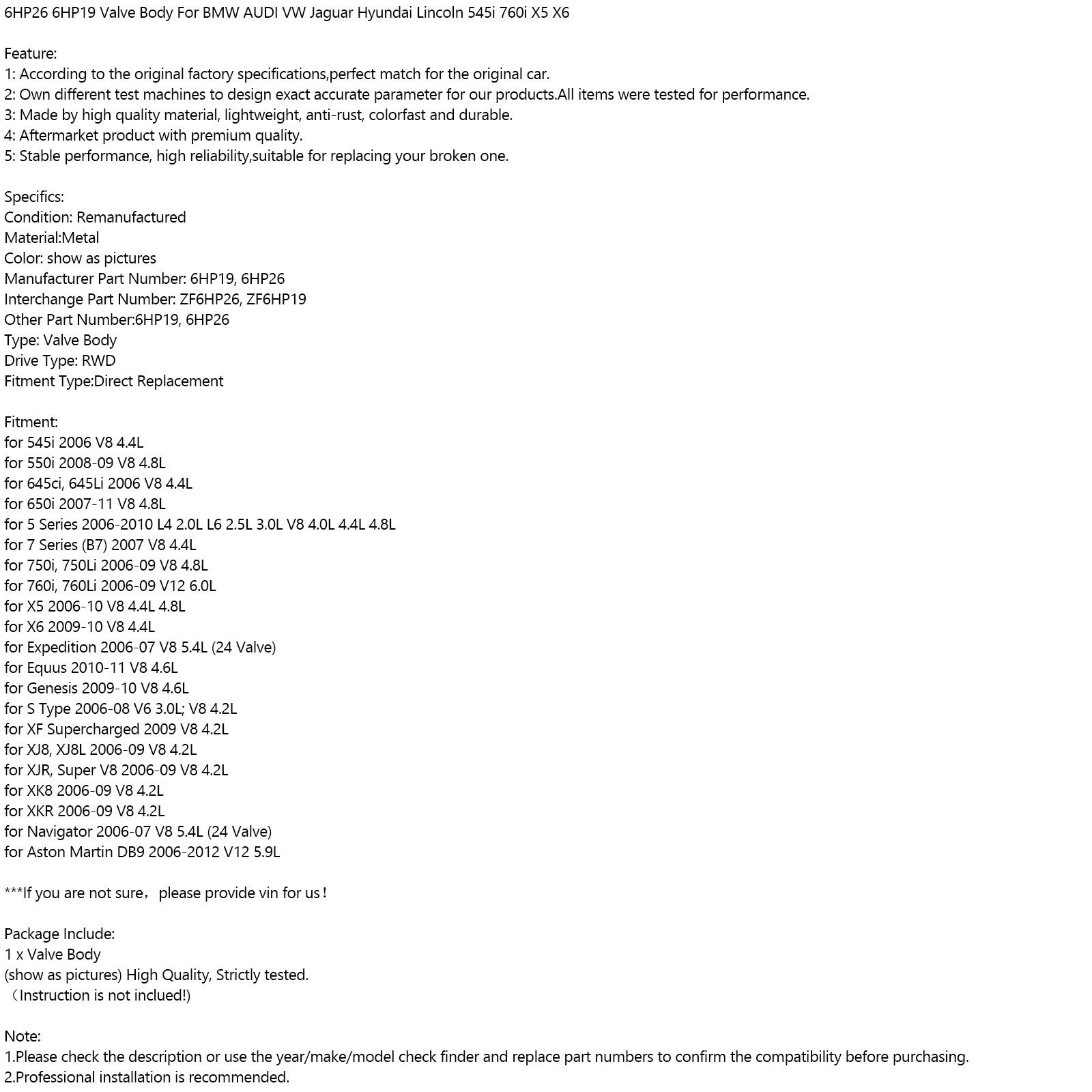 6HP26 6HP19 Ventilkropp för BMW Audi VW Jaguar Hyundai Lincoln 545i 760i X5 X6