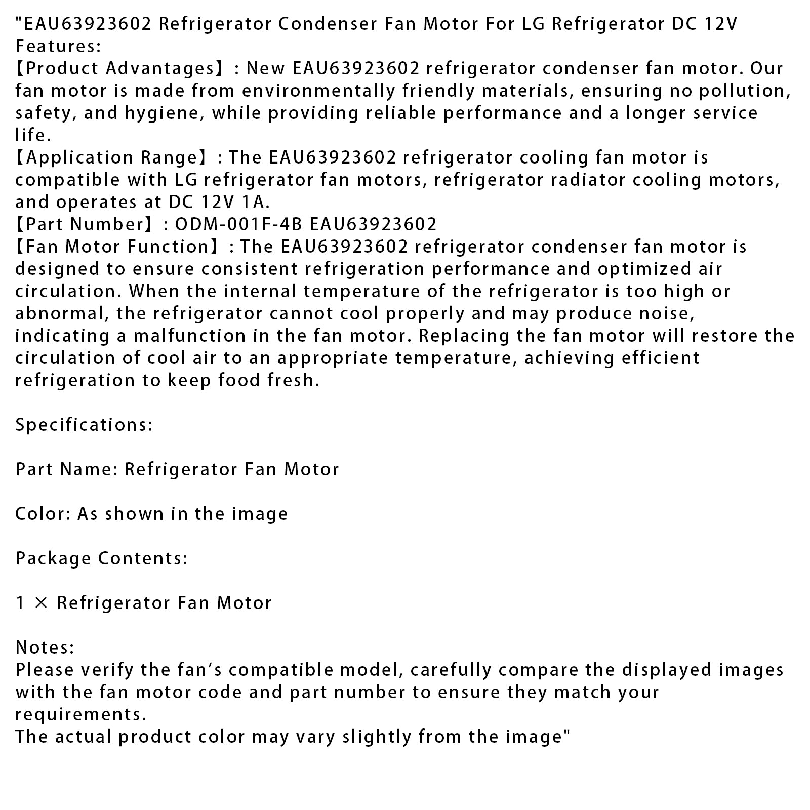 Eau63923602 kjøleskap kondensator viftemotor for LG kjøleskap DC 12V
