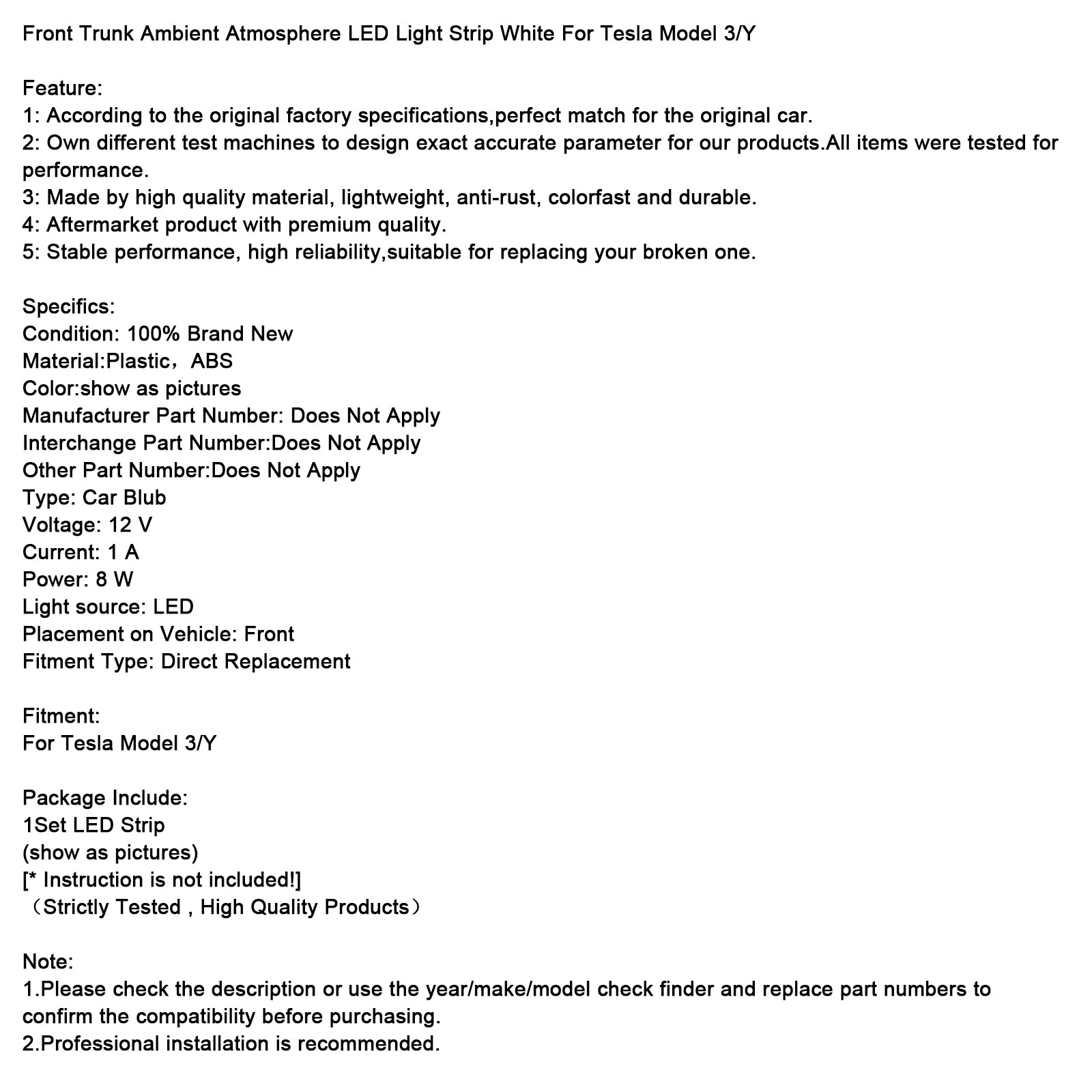 Tira de luz LED de ambiente ambiental para maletero delantero, blanca, para Tesla Model 3/Y/S/X