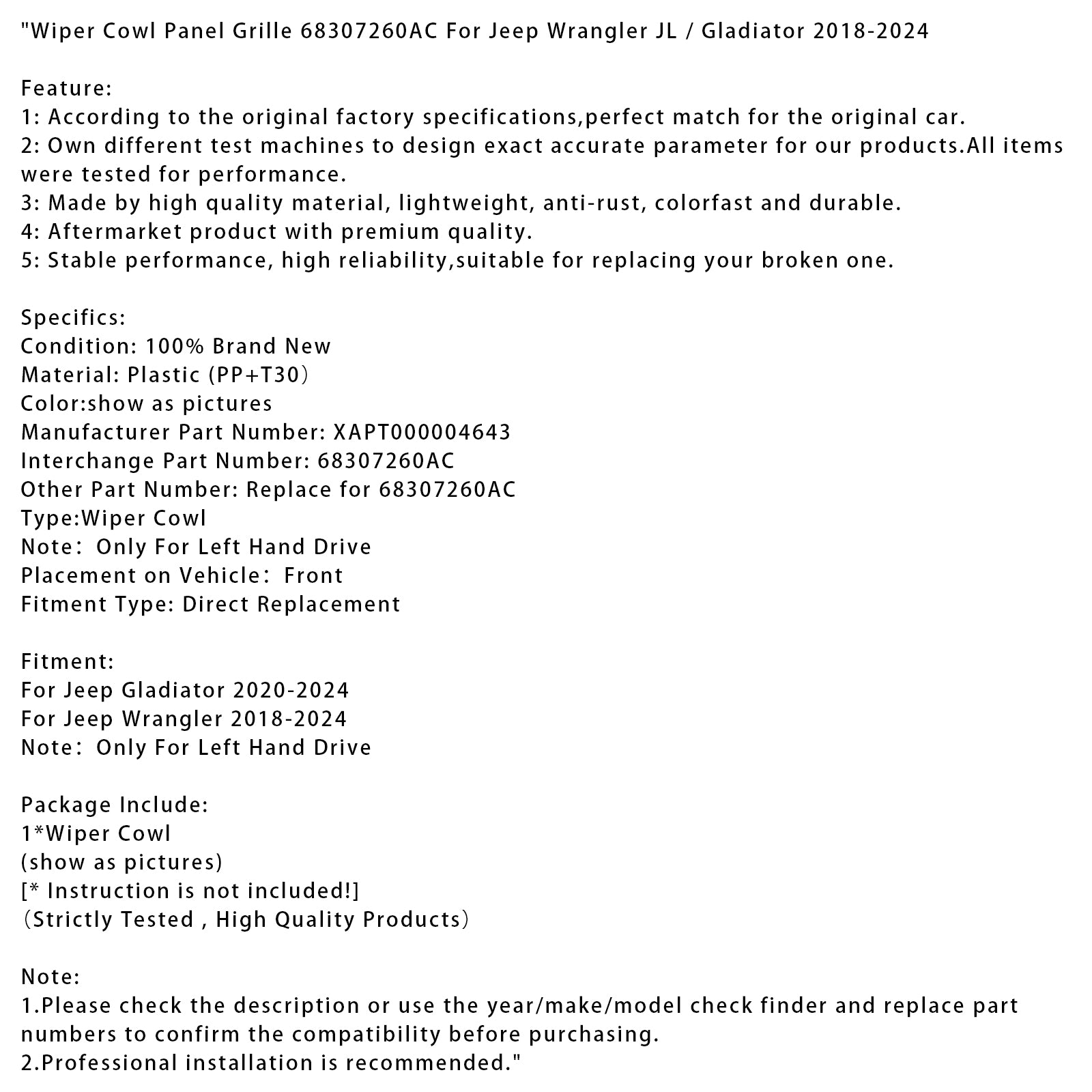2018-2024 Jeep Wrangler JL / Gladiator Wiper Cowl Panel Grille 68307260AC