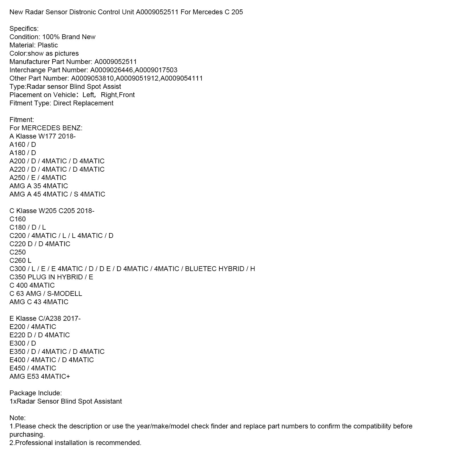 2018 até agora MERCEDES BENZ A Classe W177 A250/E/4MATIC Novo Sensor de Radar Unidade de Controle Distronic A0009052511