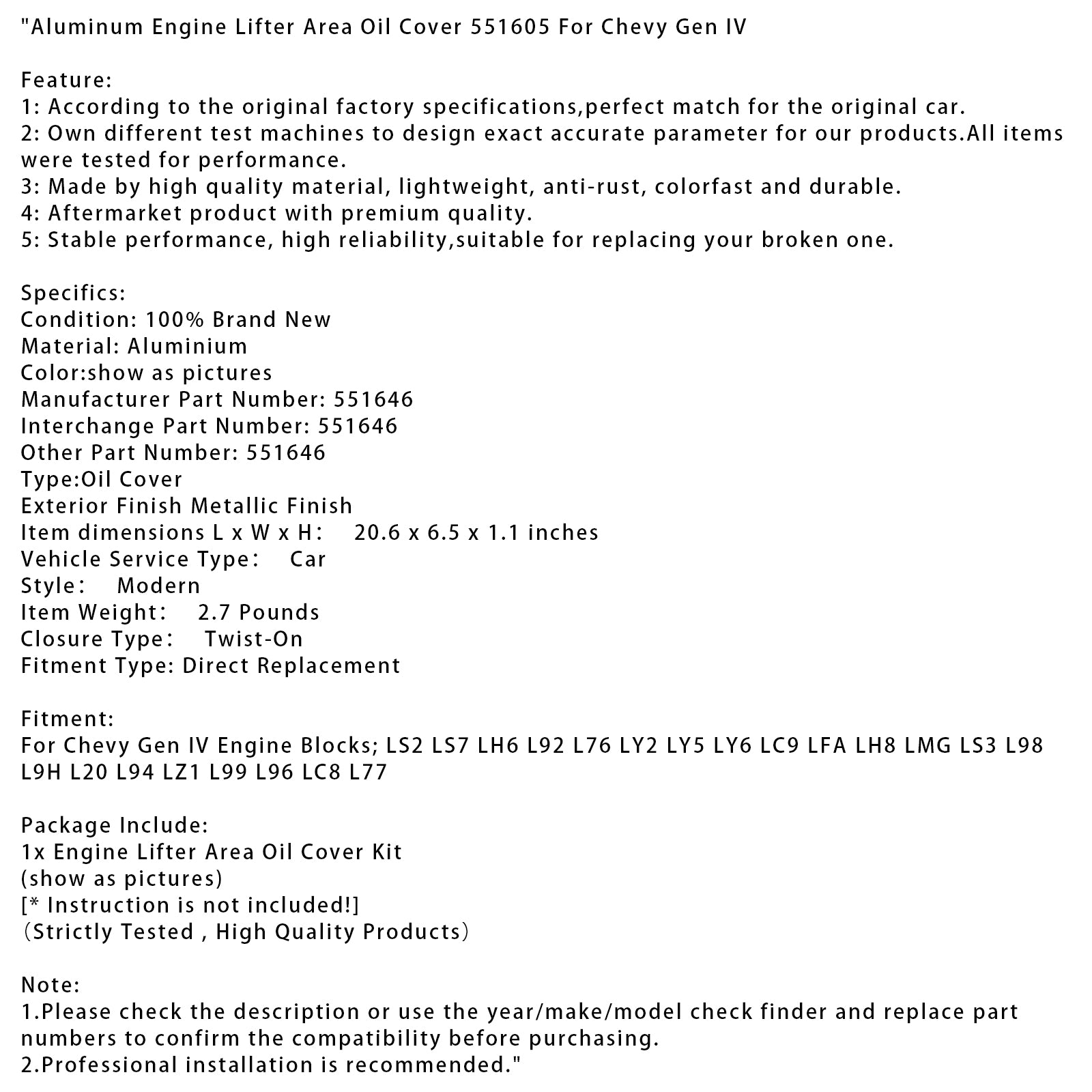 Billet aluminiumsmotorløfterområde Oljetrekk 551605 for Chevy Gen IV