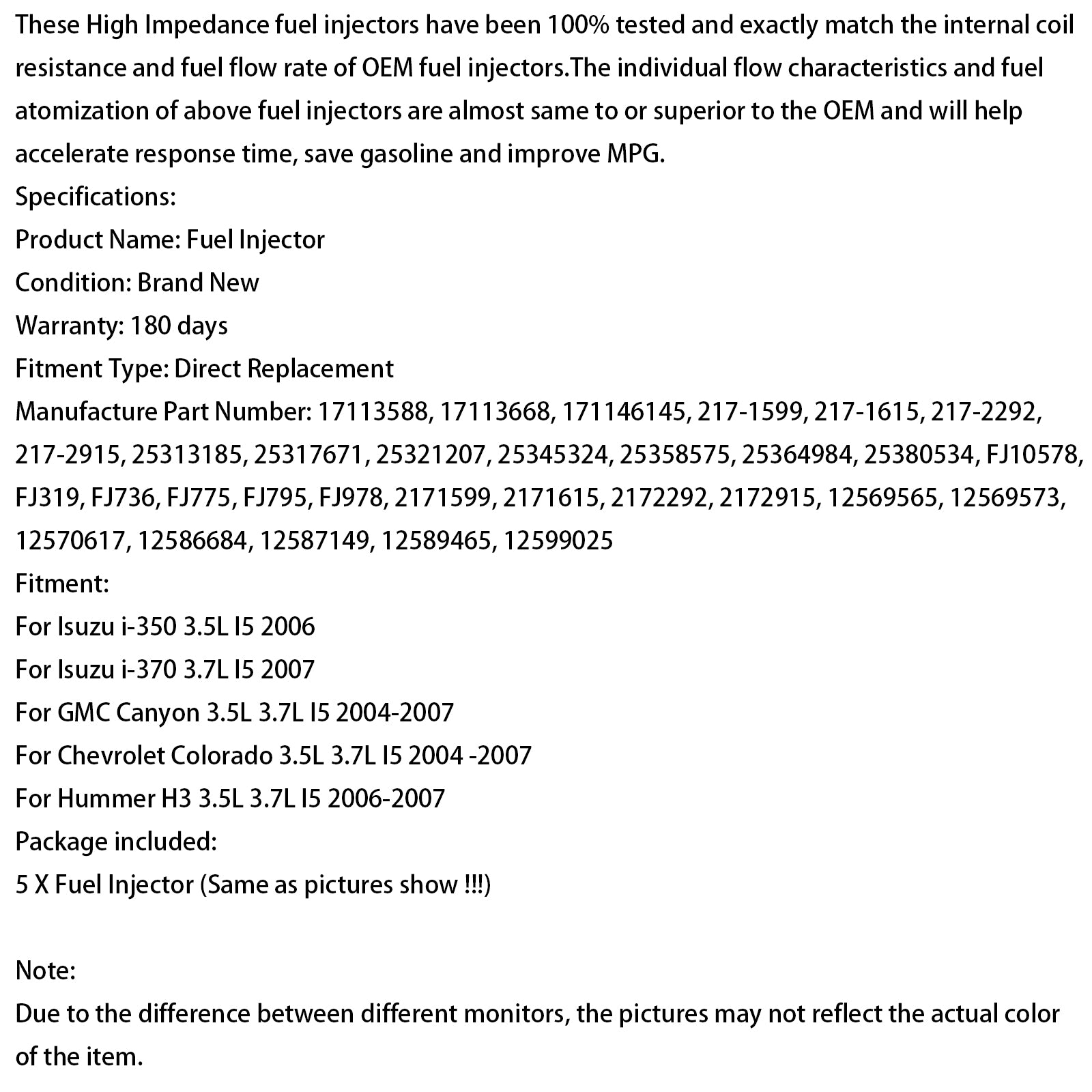 5PCS Fuel Injector 12589465 Fit Hummer H3 Fit Chevrolet Trailblazer Colorado