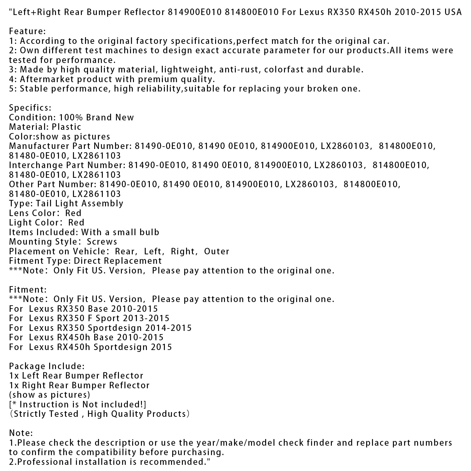 Left+Right Rear Bumper Reflector For Lexus RX350 RX450h 2010-2015 USA