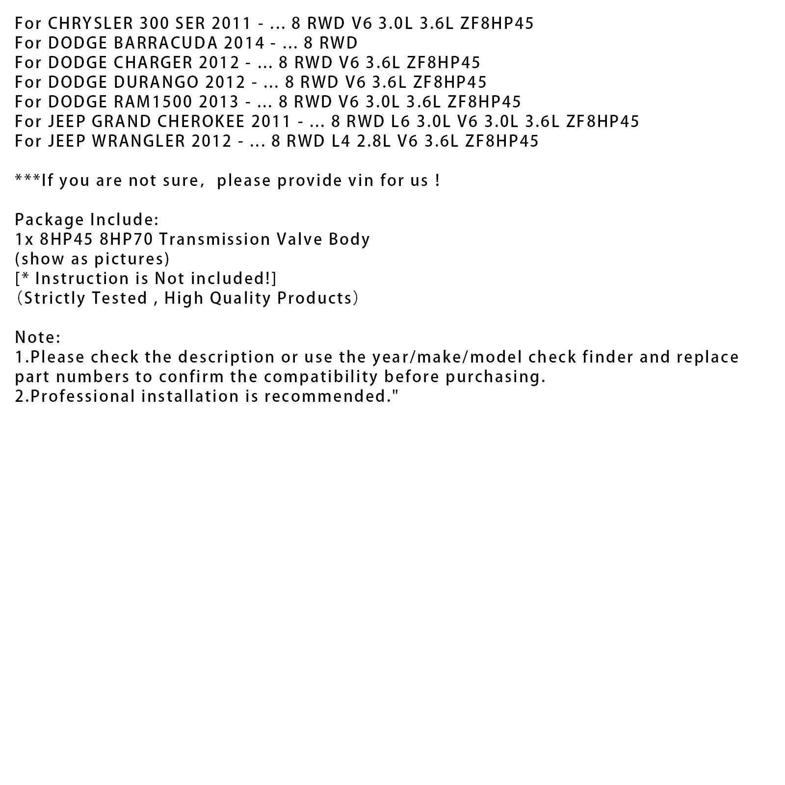 2014-up DODGE BARRACUDA 8 RWD Transmission Valve Body 8HP45 8HP70