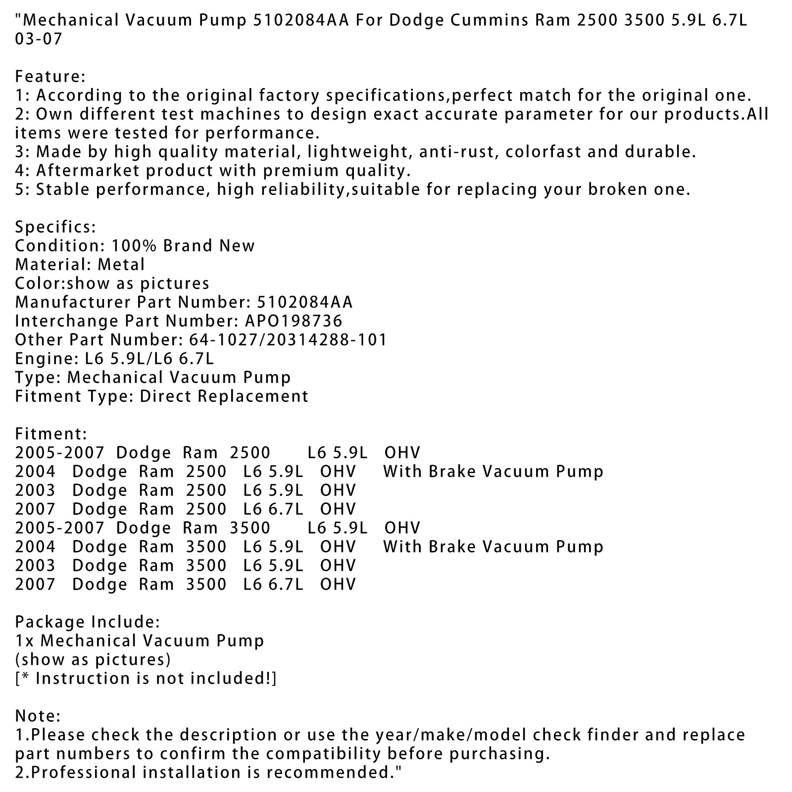 2003 Dodge Ram 2500 L6 5.9L Pompe à vide mécanique OHV 5102084AA APO198736