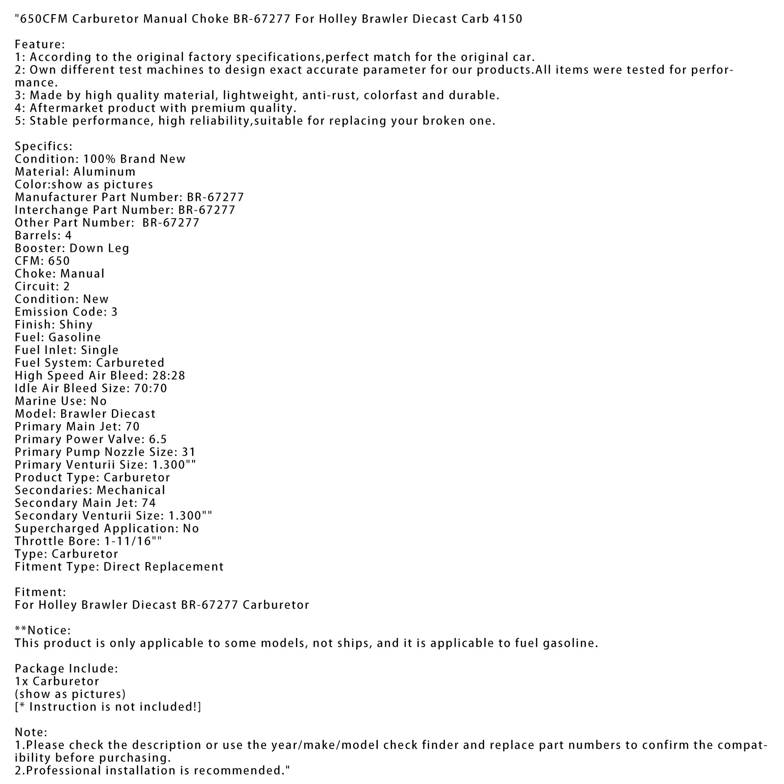 Holley Brawler Diecast Carb 4150 650CFM Karburátorová príručka sýtiča BR-67277