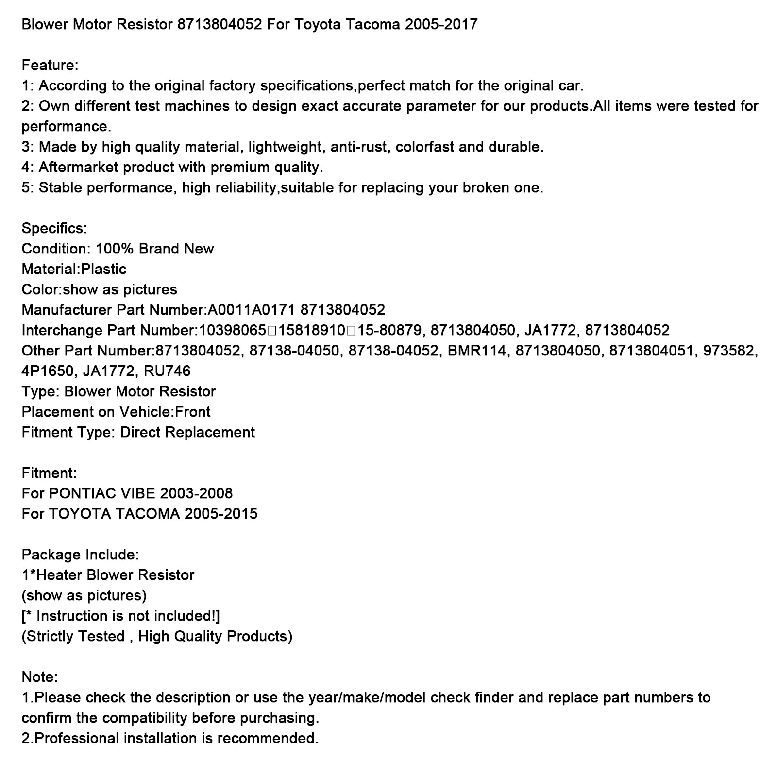 Blowermotorweerstand 8713804052 voor Toyota Tacoma 2005-2017