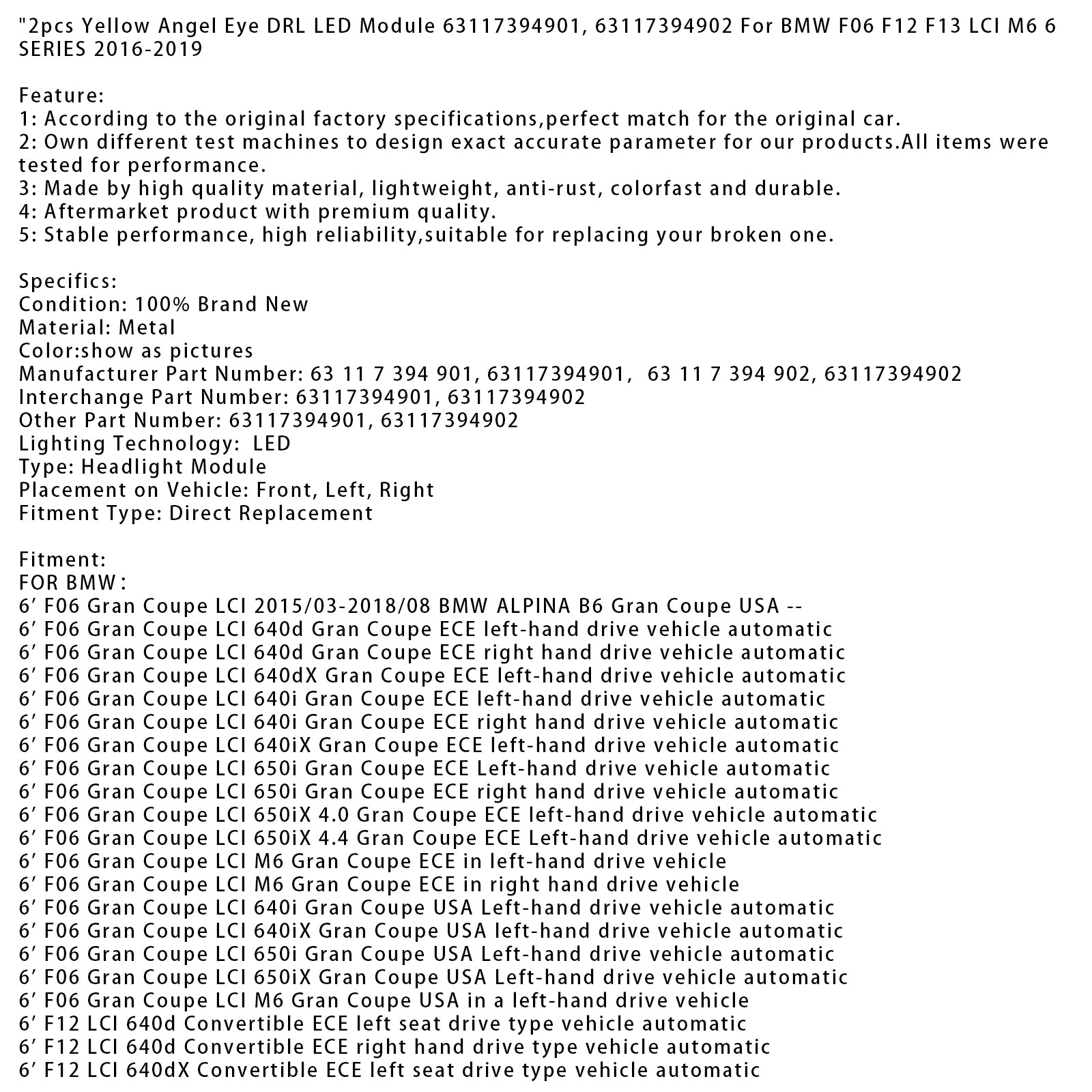 2016-2019 BMW F06 F12 F13 LCI M6 6 Series 2PCS Yellow Angel Eye DRL LED-modul
