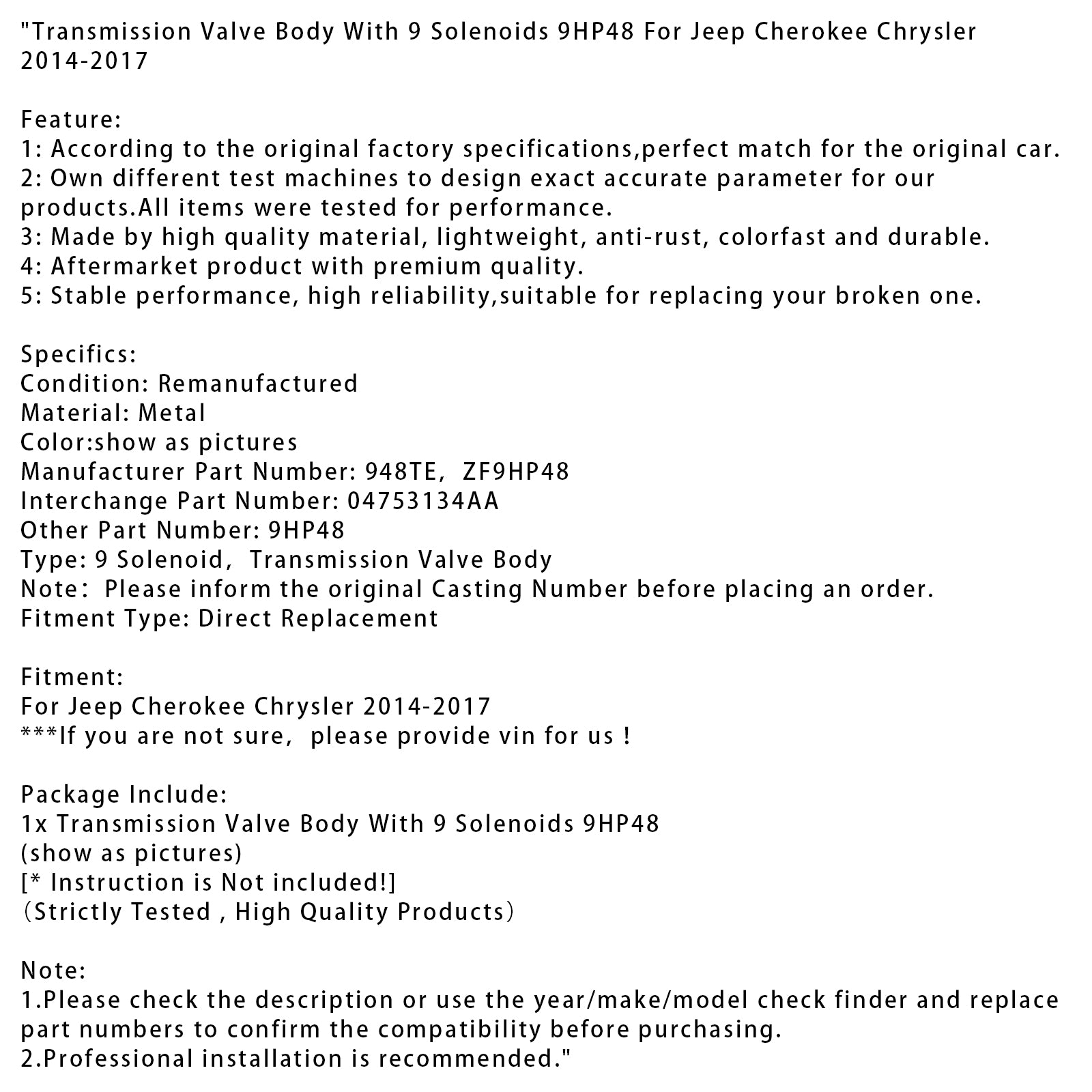 2014-2017 Jeep Cherokee Chrysler Transmission Valve Body With 9 Solenoids 9HP48 04753134AA