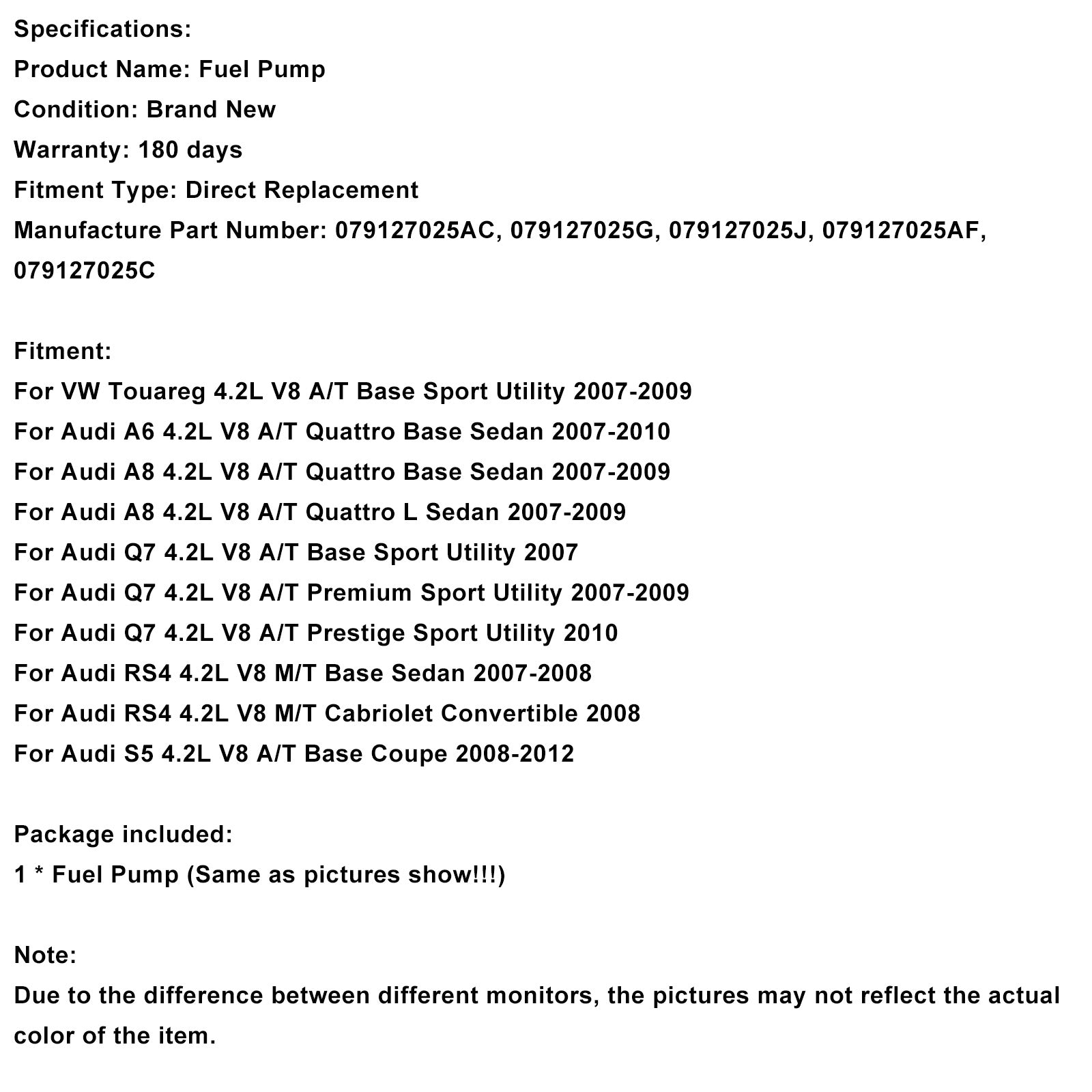 2007-2009 VW Touareg 4.2L V8 A/T Base Sport Utility Left High Pressure Fuel Pump 079127025AC